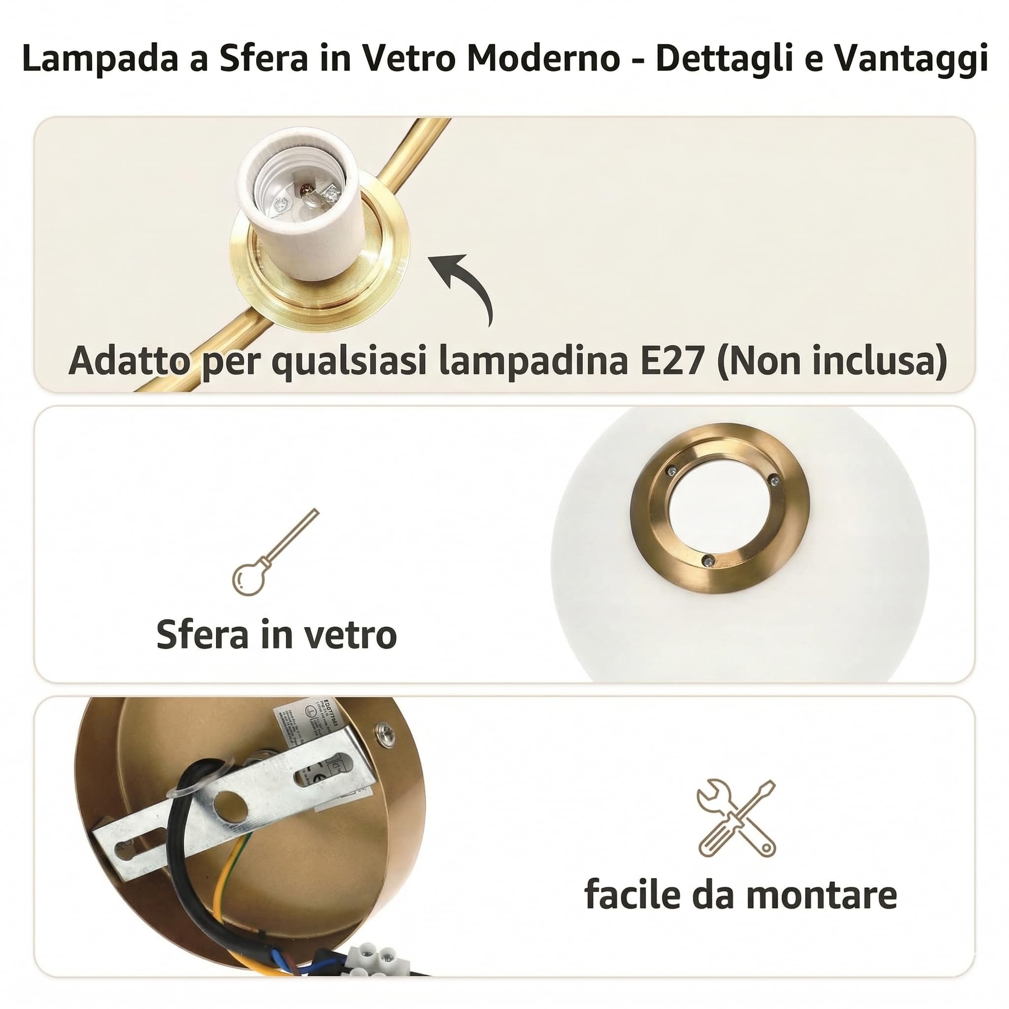 Lampadario a Sospensione Moderno Oro con Sfera in Vetro E27, Lampada a Sospensione Design Minimal per Soggiorno Cucina Sala da Pranzo Bar, Cavo Regolabile 133cm, Ø25cm, Compatibile LED