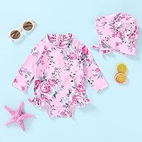 Vista 3 de Traje de baño de una pieza para bebé niña con protección solar de manga larga, conjunto con gorro, diseño floral, cremallera, traje de baño