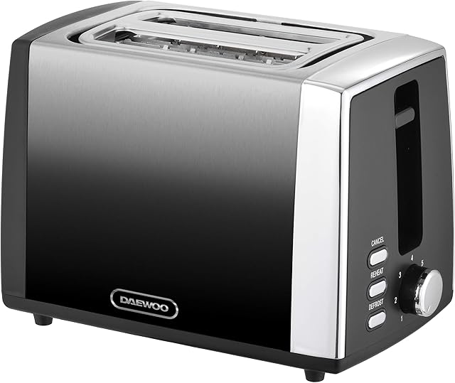 Daewoo SDA1852 Callisto Reheat, Defrost & Cancel Controls, Slide Out Crumb Tray for Easy Cleaning, Self-Centering Function, Anti-Jam Feature-Ombre Effect, Stainless Steel, 2 Slice Toaster (Grey)