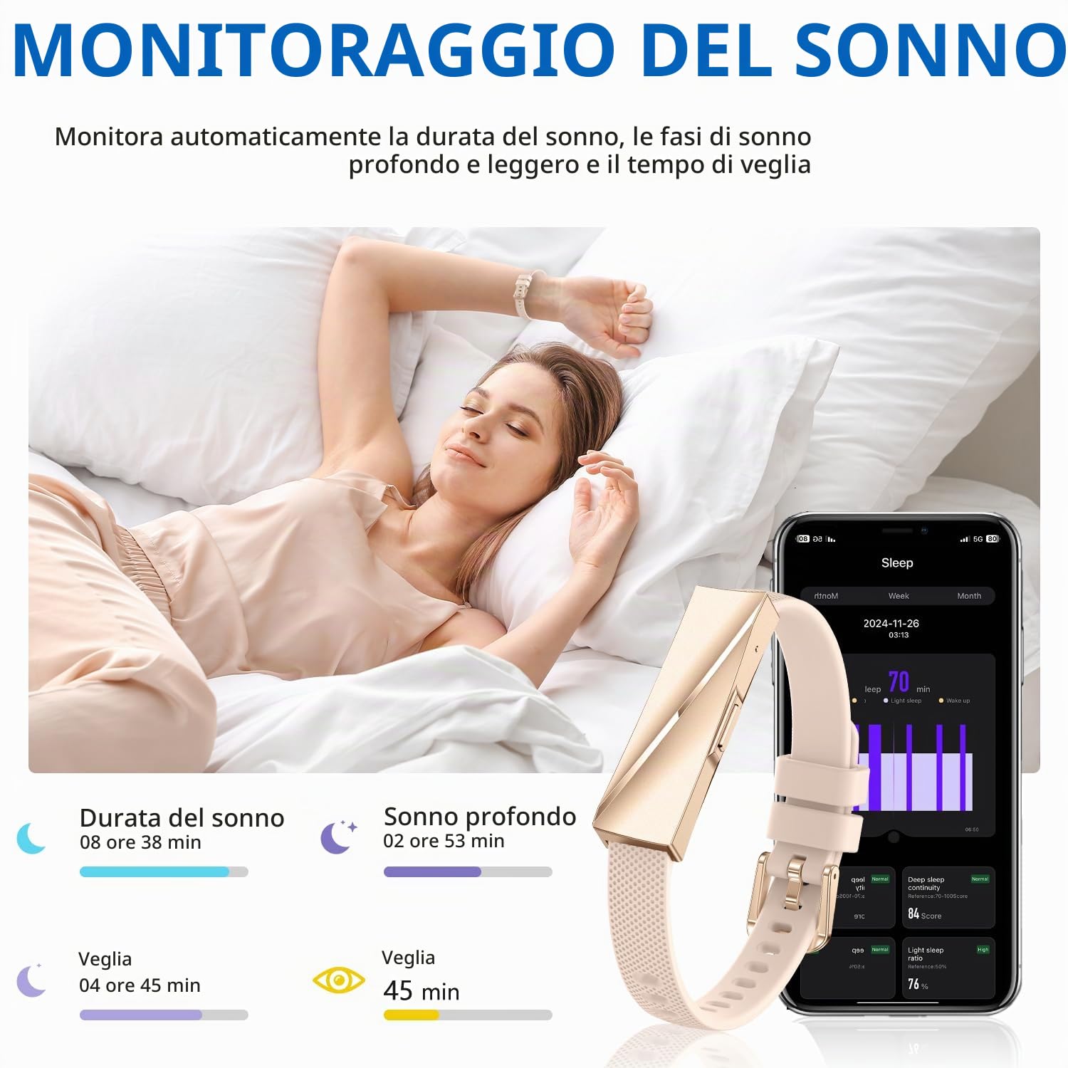 Contapassi Polso Donna, Braccialetto Sportivo 22g Ultraleggero Salute Senza Schermo, Smart Band Monitoraggio Cardiaco 24h, 170+ Modalità Sportive, 40 Giorni Batteria Smartwatch Donna Piccolo