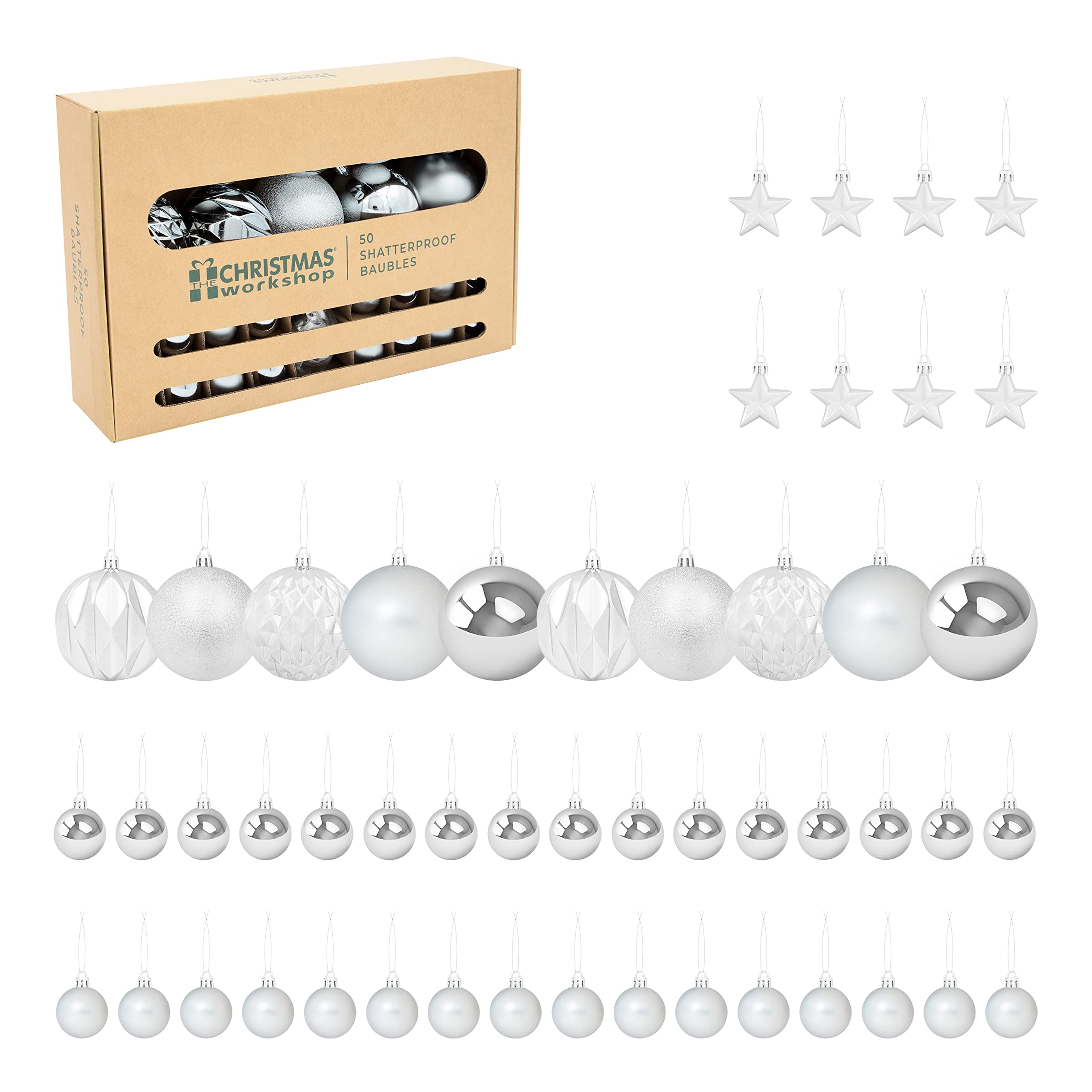 The Christmas Workshop Set of 50 Shatterproof Textured Baubles/Elegant Festive Designs/Christmas Tree Decorations with Hanging String/Various Sizes and Styles (Silver) — image 1