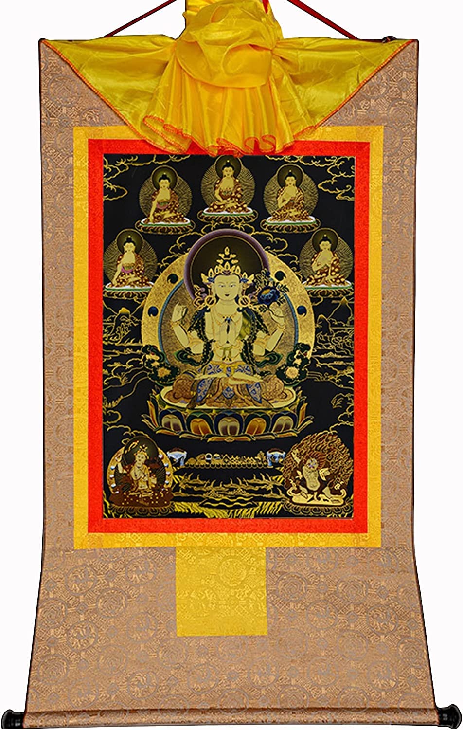 Tibetische Thangka, Vierarmiger Avalokitesvara, Padmapani, Chenrezig, buddhistischer Thangka-Brokat, schwarzer Typ