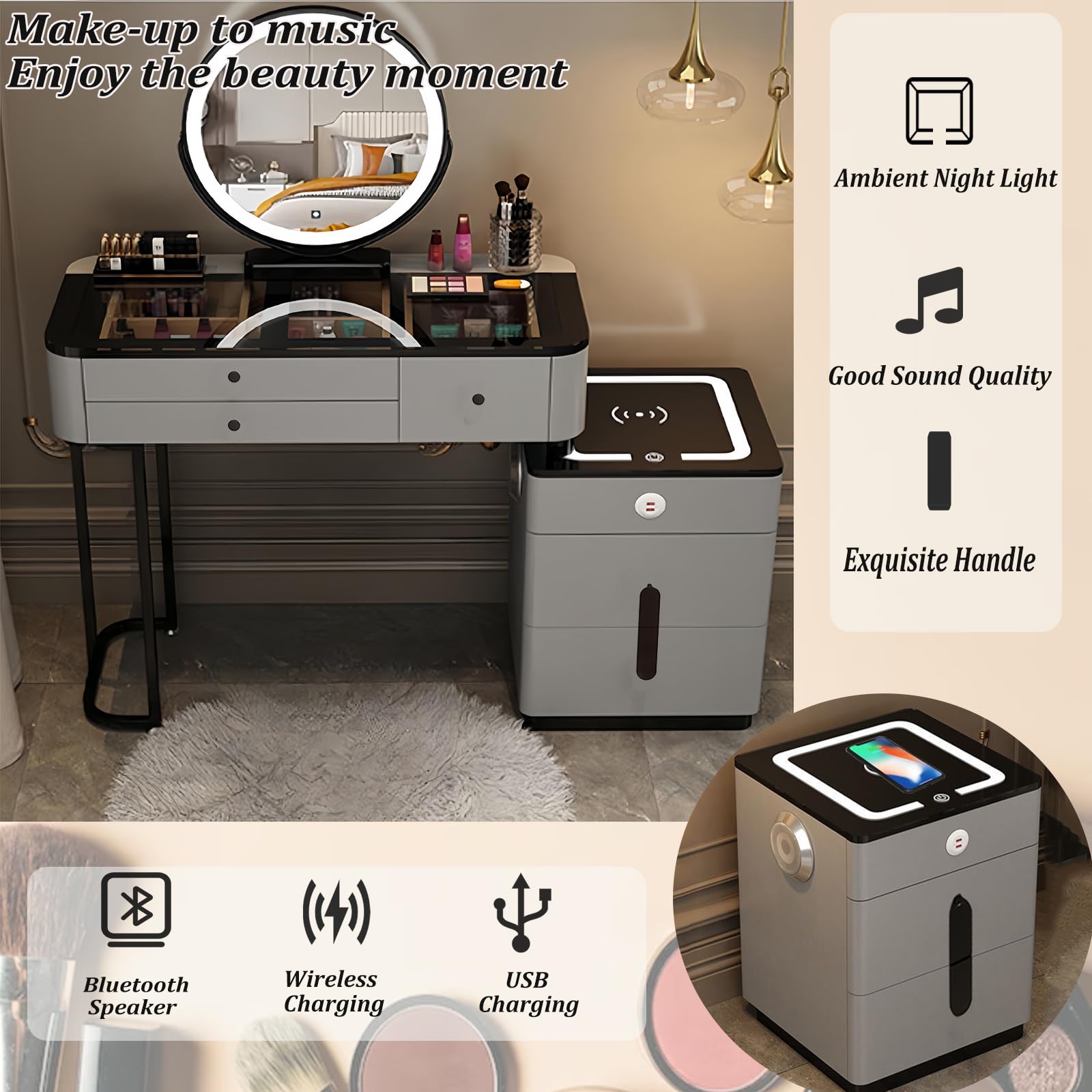 Schminktisch Mit LED Spiegel & Bluetooth - Kosmetiktisch Mit Schubladen