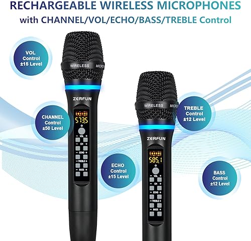 Miniatura 3 de Micrófonos inalámbricos duales recargables, sistema de micrófono inalámbrico de metal UHF, micrófono inalámbrico profesional con Echo Treble BASS