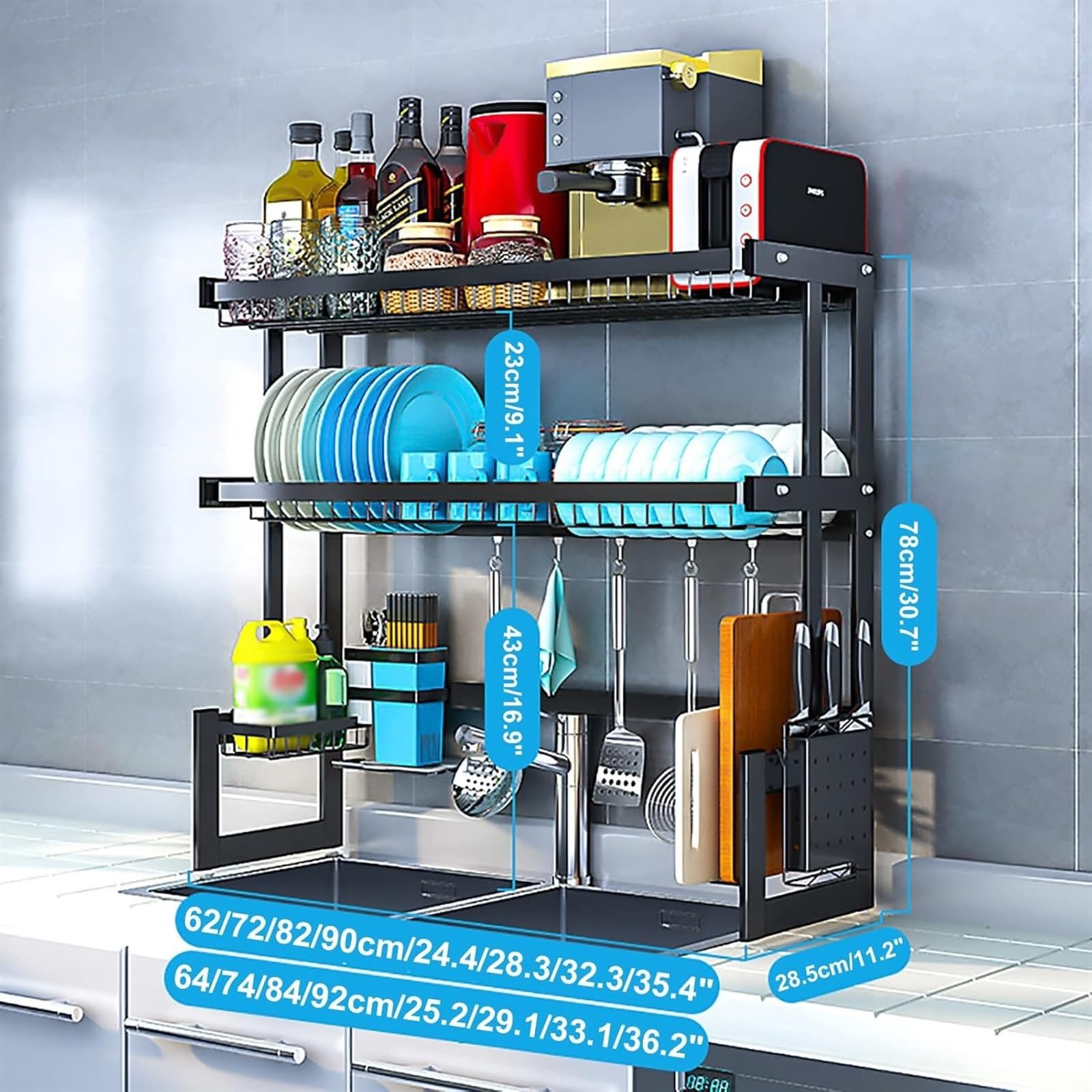 Escurridor de Platos de Acero Inoxidable para Colocar sobre el Fregadero, con Soporte para Utensilios y Fregadero, Color Negro, 74 cm - Ahorra Espacio, Duradero, diseño Moderno par