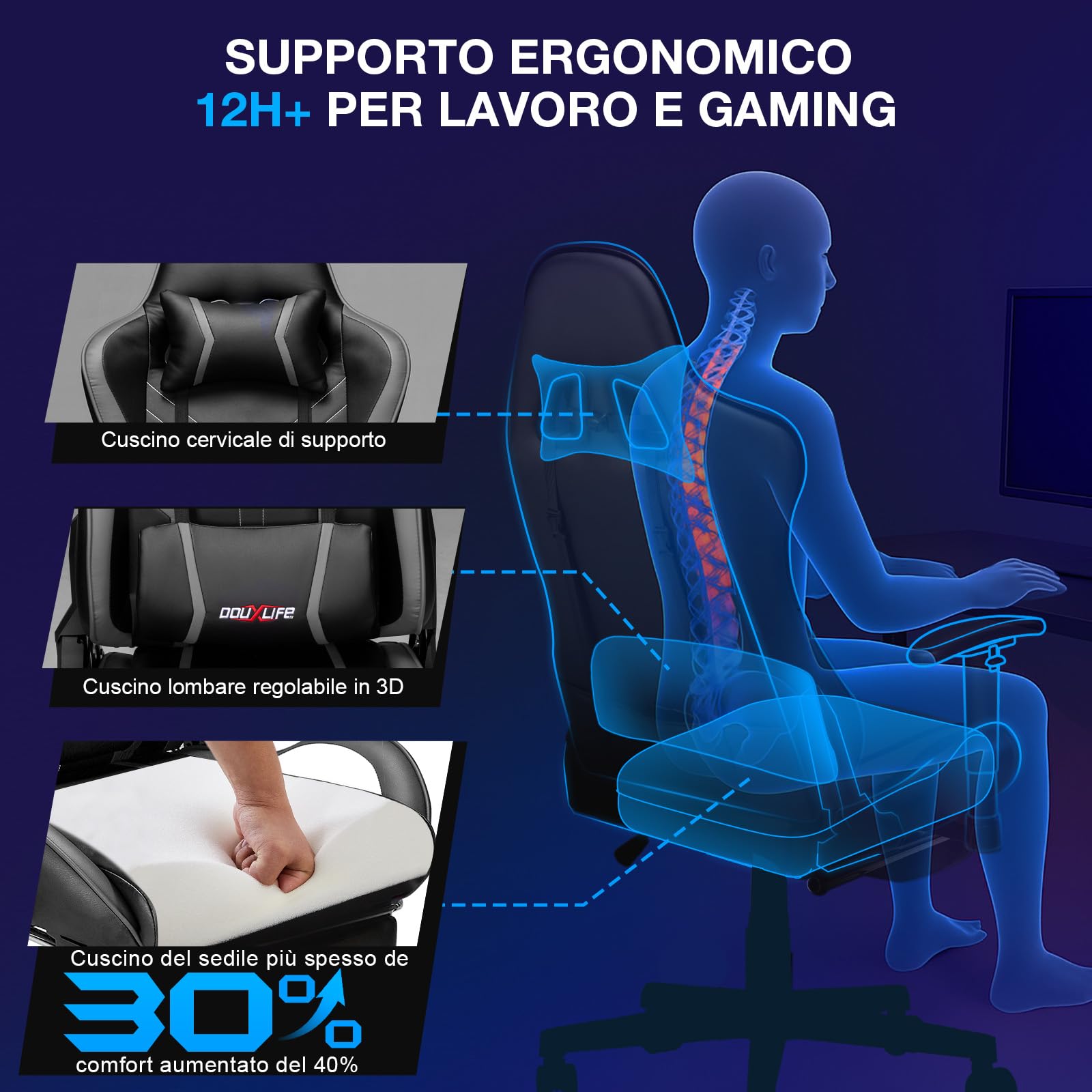 Douxlife Sedia da Gaming con Massaggio a 7 Punti, Sedia da Ufficio Ergonomica Schienale Regolabile 90-175°, Bracciolo 2D Regolabile, Poltrona da Gaming per Adulti, Portata 150-180 kg, Grigio
