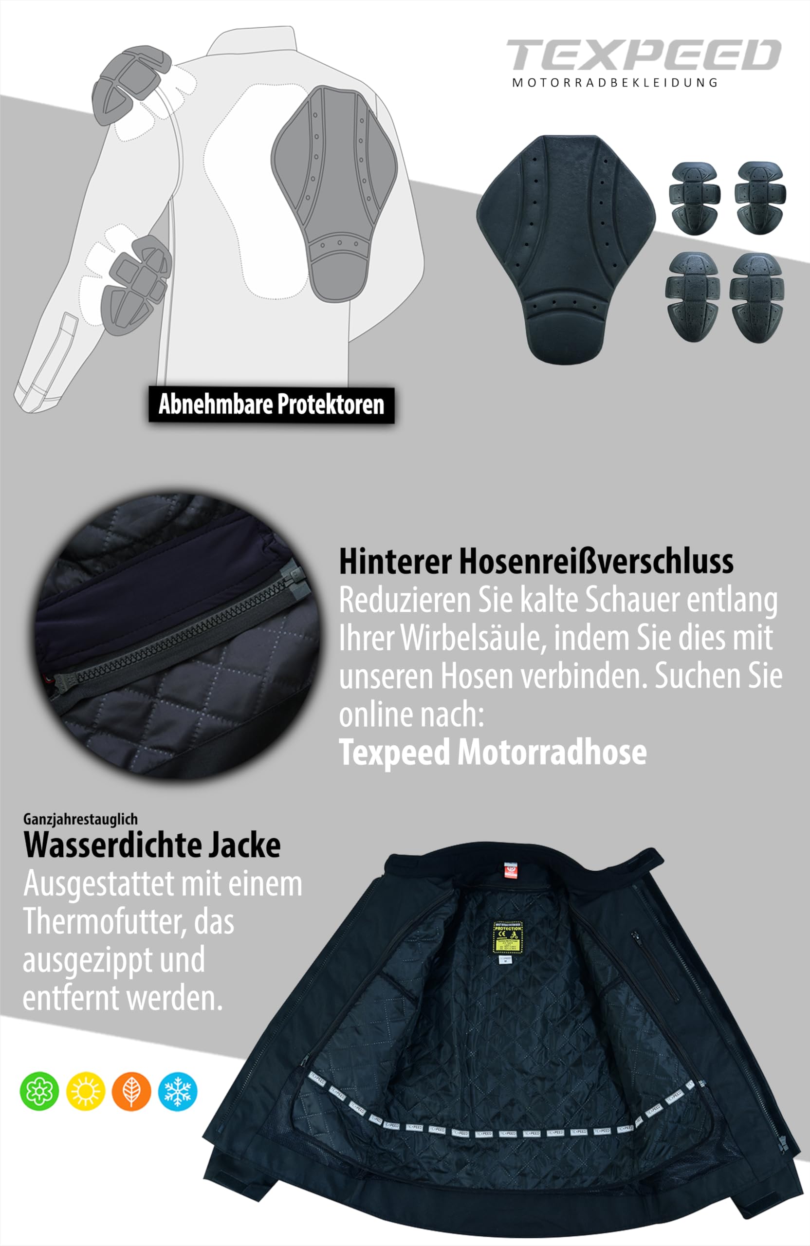 Texpeed Gewachste Baumwolle Motorradjacke herren mit protektoren - Motorrad Biker Wasserdicht Jacke Mit Rüstung (EN 1621-1) Schwarz - XL | EN 17092 Motorradverstärktes Kleidungsstück, EN 1621-1 [Level 1] Flexible Biker-Rüstung, herausnehmbares Winter-Ther