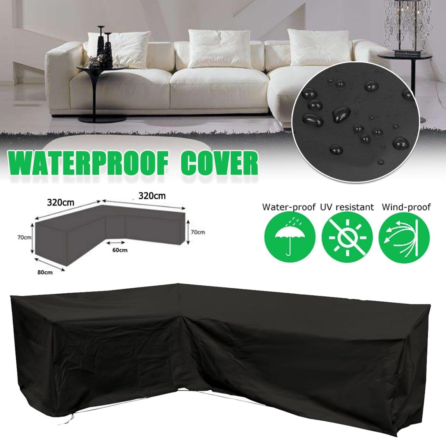 10.5x10.5FT L-Shaped Patio Sofa Cover - Waterproof Sectional Furniture Protector - Available in Black or Grey (Black)