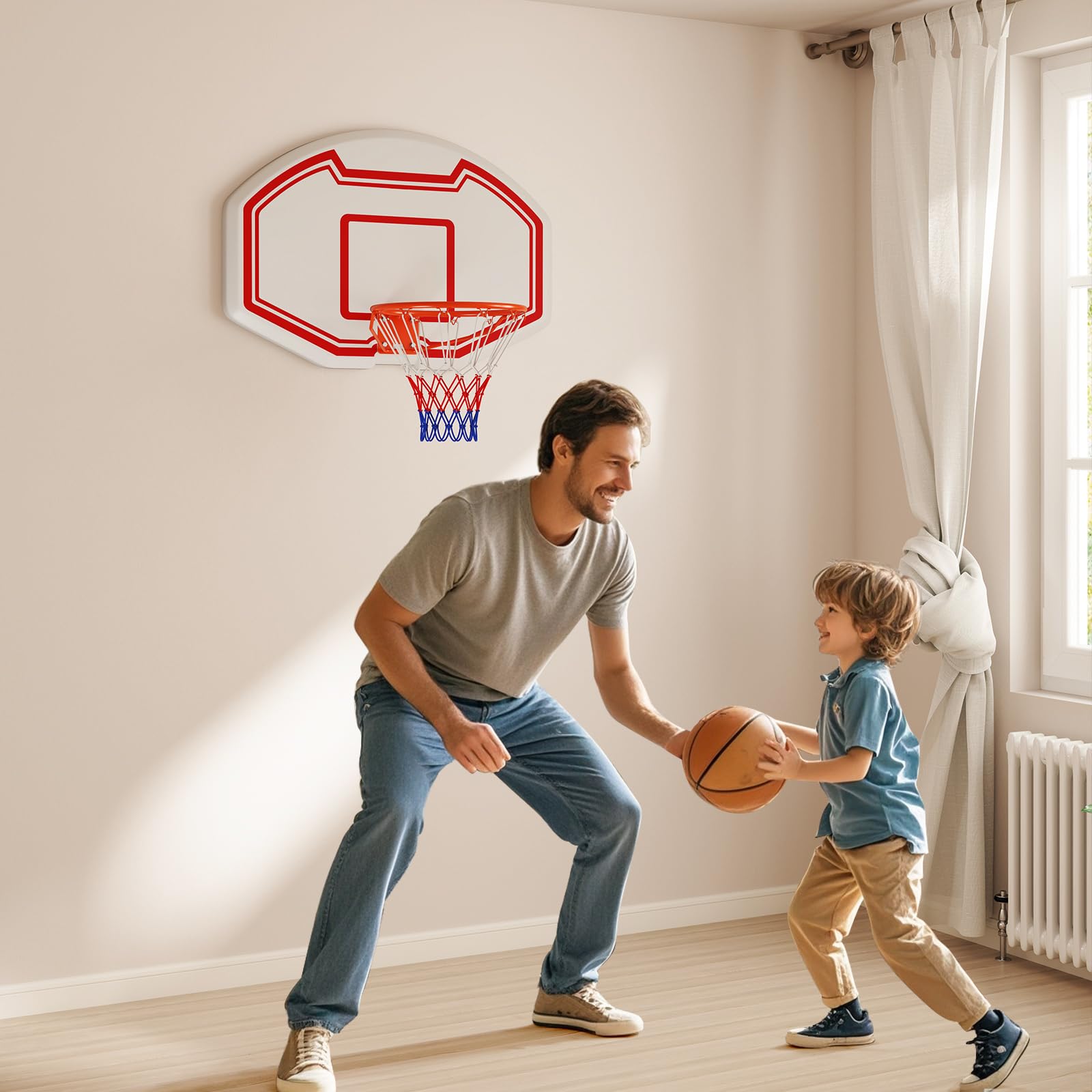 COSTWAY Tabellone Basket a Muro Interno ed Esterno, Canestro da Basket a Parete con Tabellone Anti-Rottura da 91 x 61 cm, Rete Resistente e Cerchio Standard da 45 cm