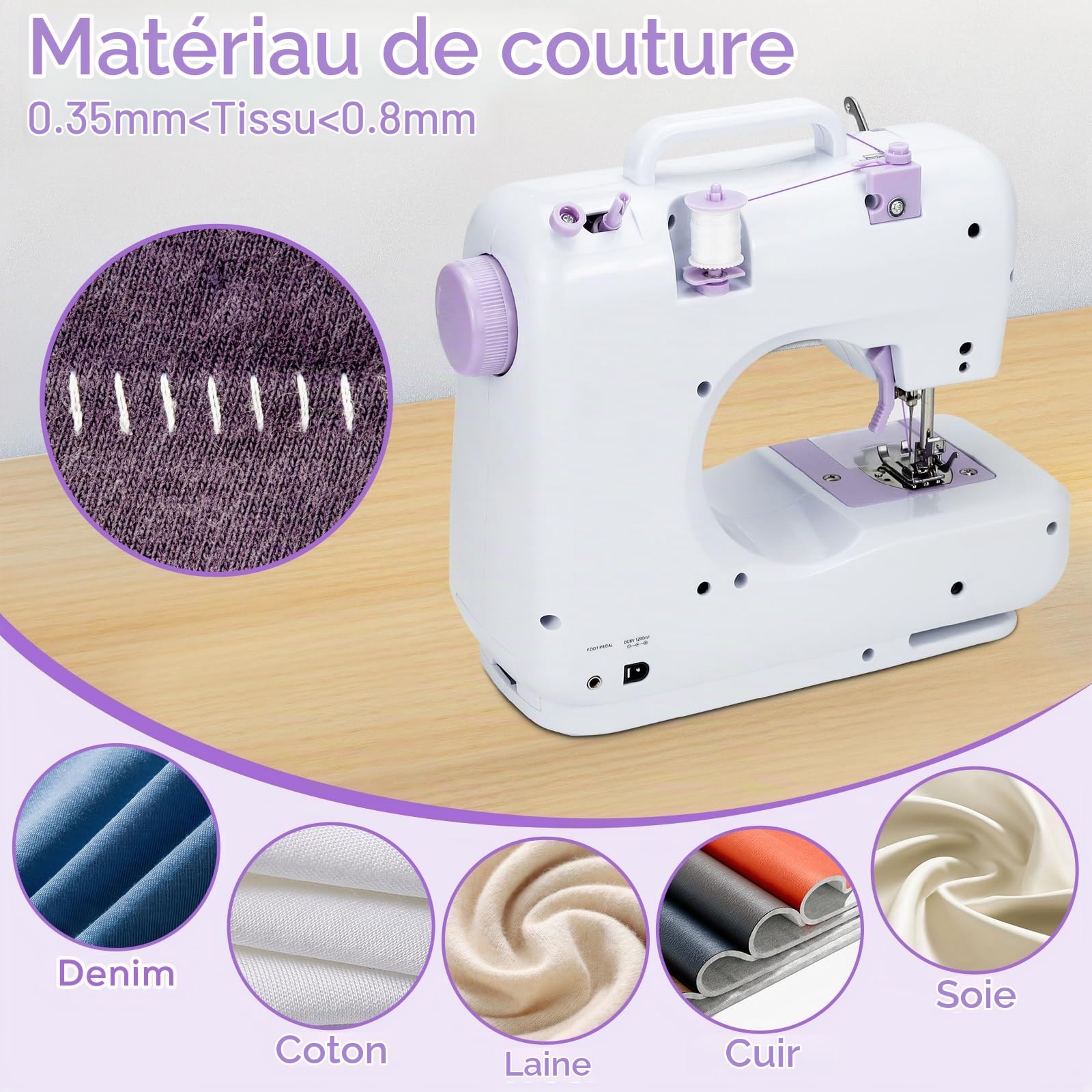 Machine à Coudre électrique Manuelle Pour DéButants Vitesse Réglable | 12 ModèLes de Couture Automatiques, 2 Méthodes De Charge Avec étagèRe, PéDale Et équipement De Base (Violet)