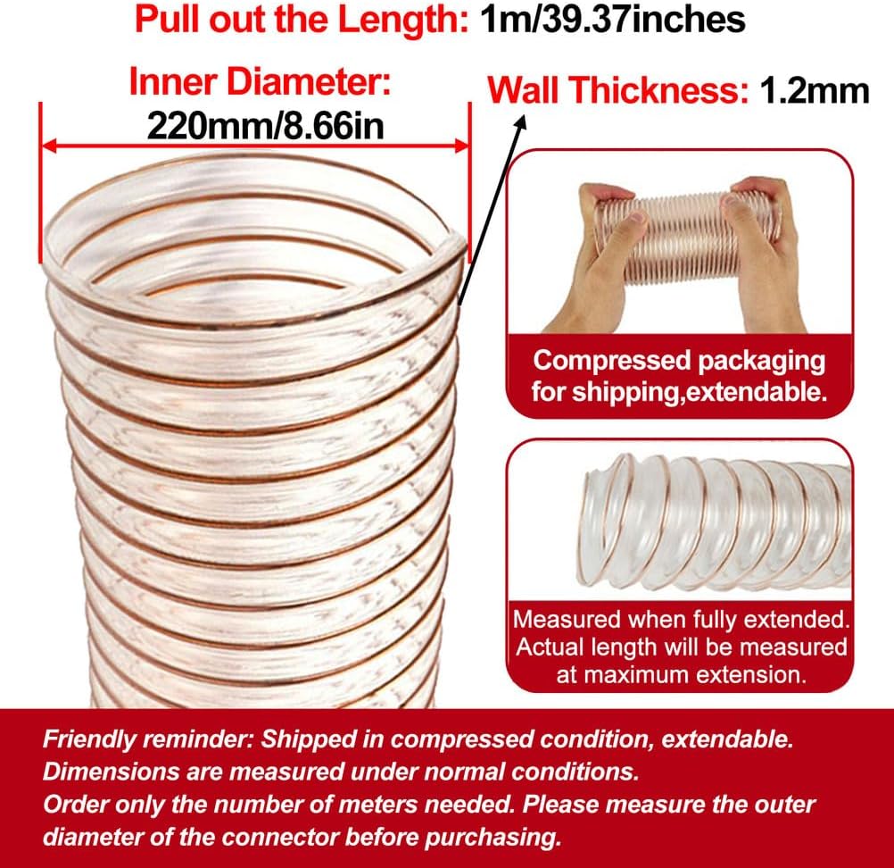 Industrial Air Duct PU Transparent Polyurethane Pipe Flexible Ducting Hose 1M Inner Diameter 225MM Free Expansion for Tubeoil Depots,Wall Thickness 1.2mm