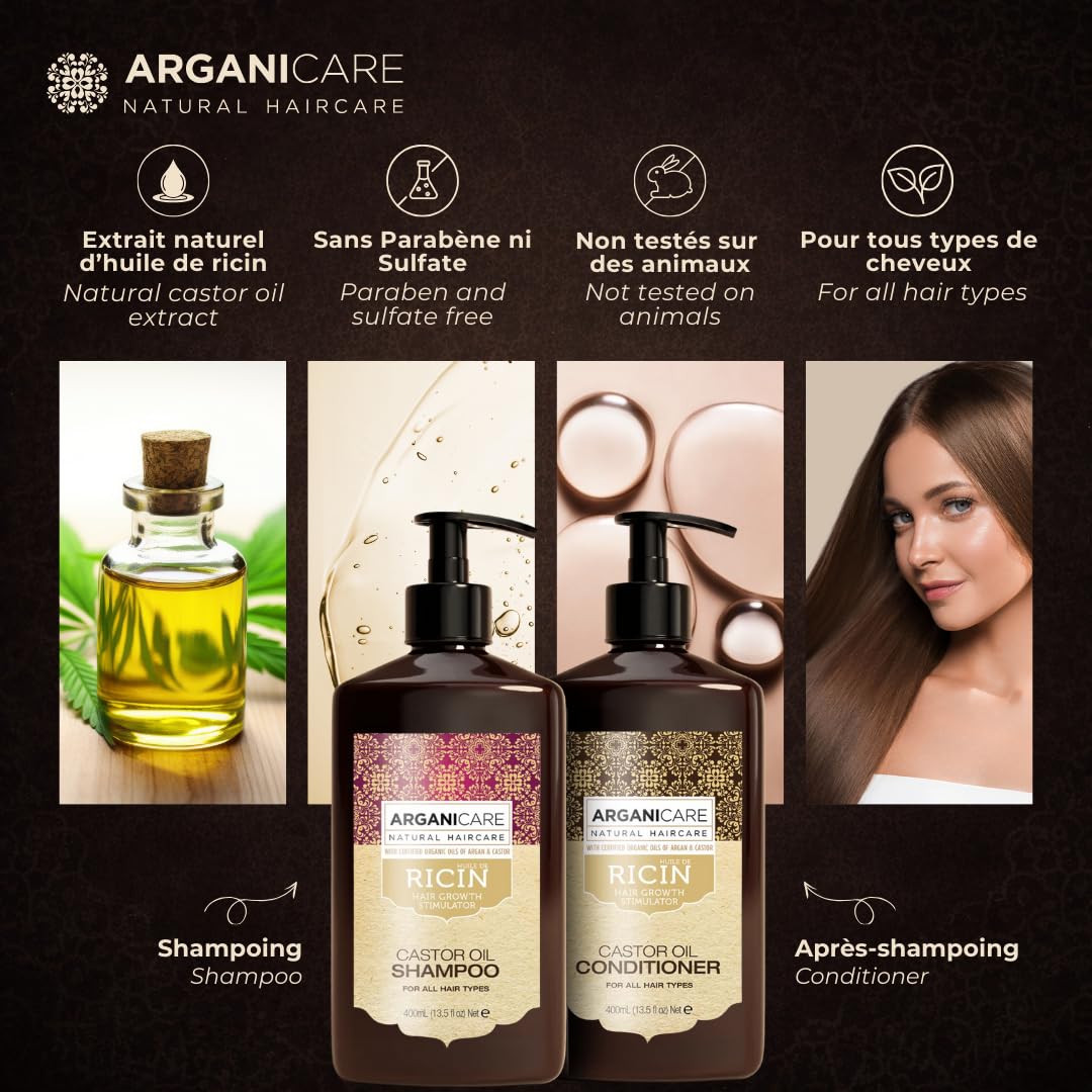 Arganicare | Duo Shampoo + Balsamo | Castore | Acceleratore della crescita | Pulisce e idrata delicatamente i capelli | Tutti i tipi di capelli | 1x400 ml+ 1x400 ml