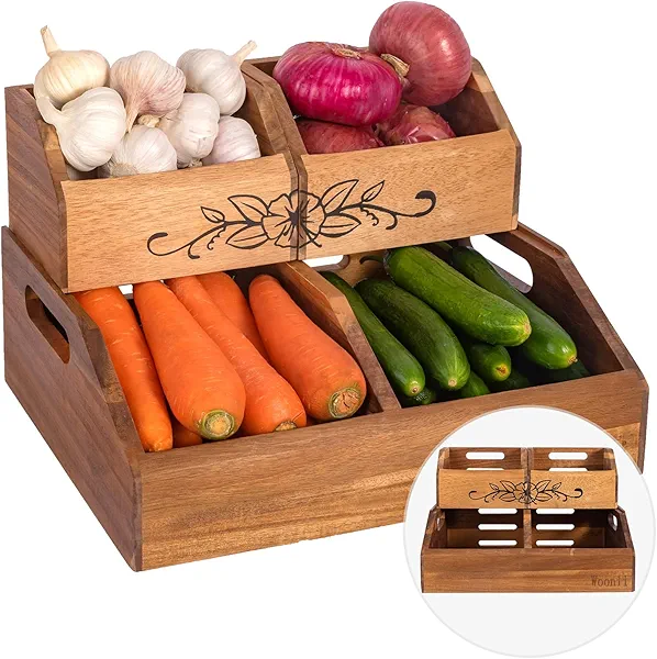 Acacia Wood Pantry Storage Bins for Kitchen, Onion & Potato Pantry Storage Organization, No installation Required, 2-tier Fruit and Vegetable Storage Containers, Snack Bins for Kitchen & Pantry