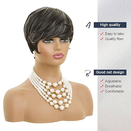 Miniatura 2 de MOONSHOW Pelucas cortas grises para mujeres negras, peluca de corte Pixie gris, peluca sintética corta con corte lateral Pixie pelucas con flequillo
