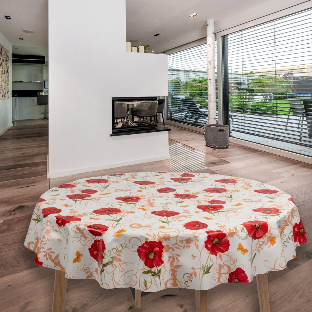 Laro Wachstuchtischdecke Rund 140 Cm – Blume Rot, Abwaschbar & Wetterfest – Für Garten, Küche Oder Balkon