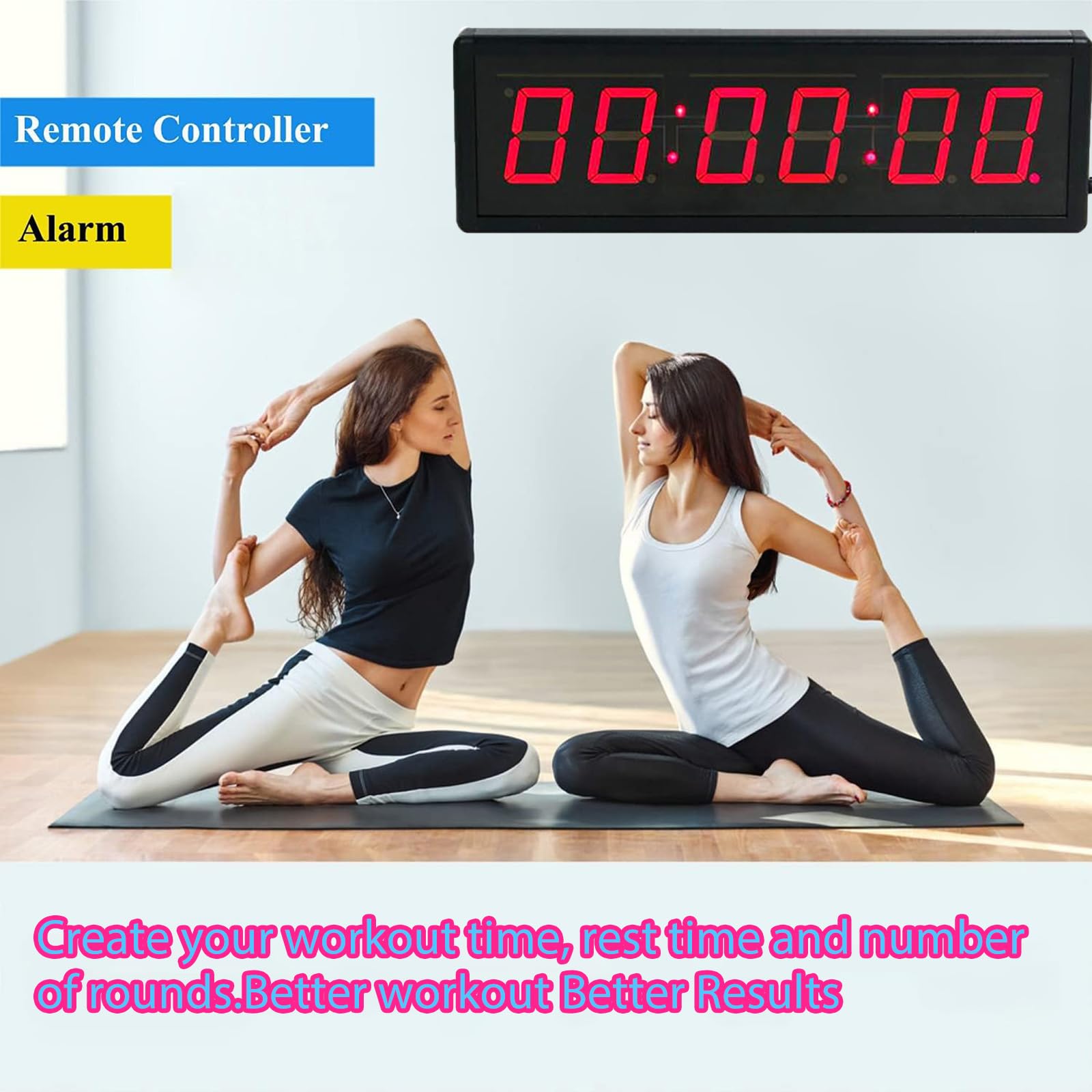 Temporizador de intervalo LED, temporizador de gimnasio con pantalla de 2.3 pulgadas, 3 niveles de brillo, conmutable de 12/24 horas, cuenta regresiva/cuenta arriba/cronómetro, para entrenamientos en