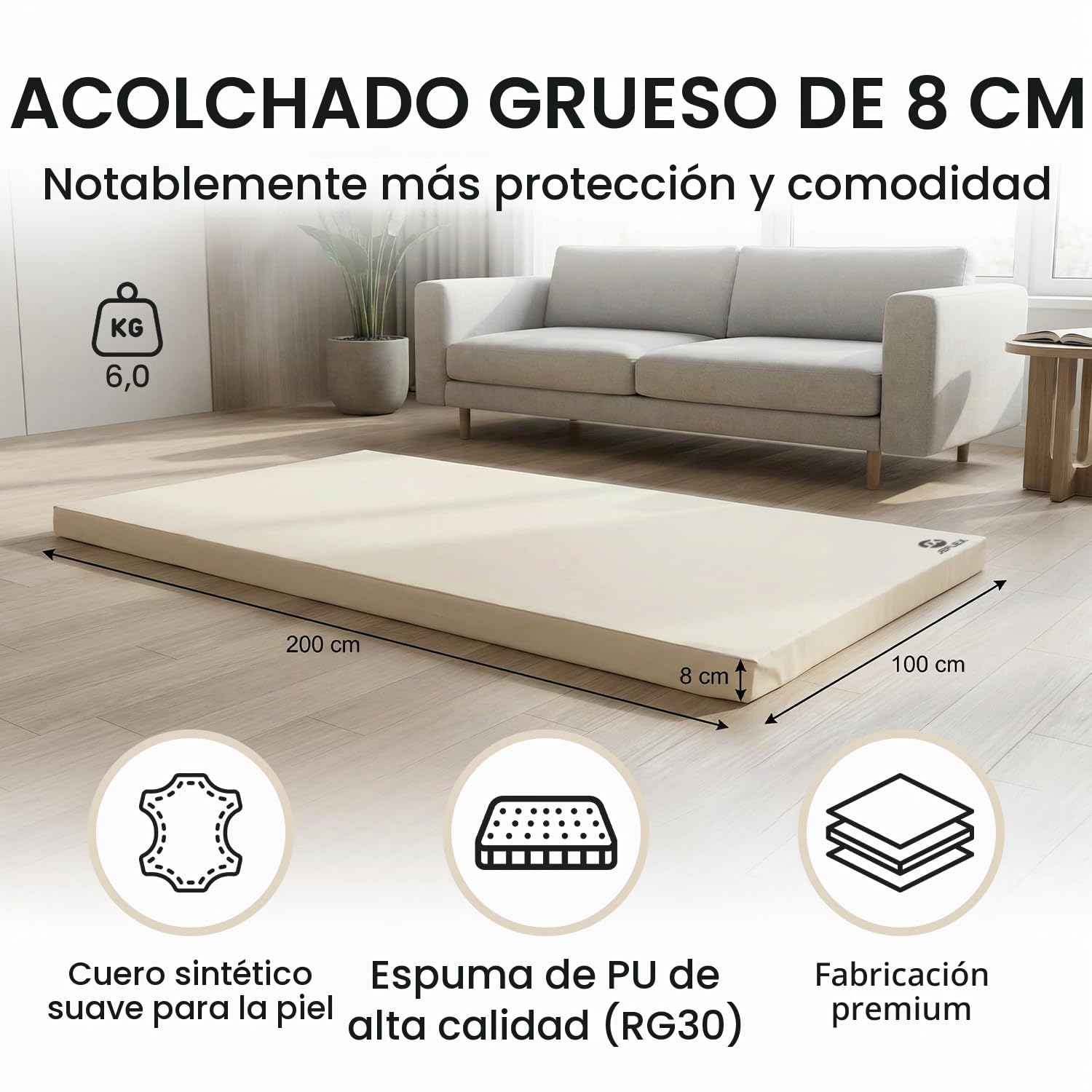 Jeflex - Colchoneta Gimnasia 200 x 100 x 8 cm fabricada en Alemania / Esterilla de gimnasia / Colchoneta multifuncional y esterilla de yoga / Esterilla de juego para habitación de los niños