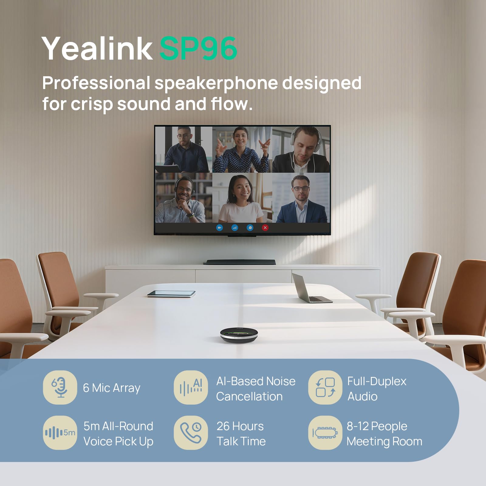 Yealink SP96 Altoparlante Bluetooth per conferenze, altoparlante wireless portatile con portata di 30 m, 6 microfoni ANC, 26 ore di autonomia in conversazione, microfono per conferenze per 12 persone
