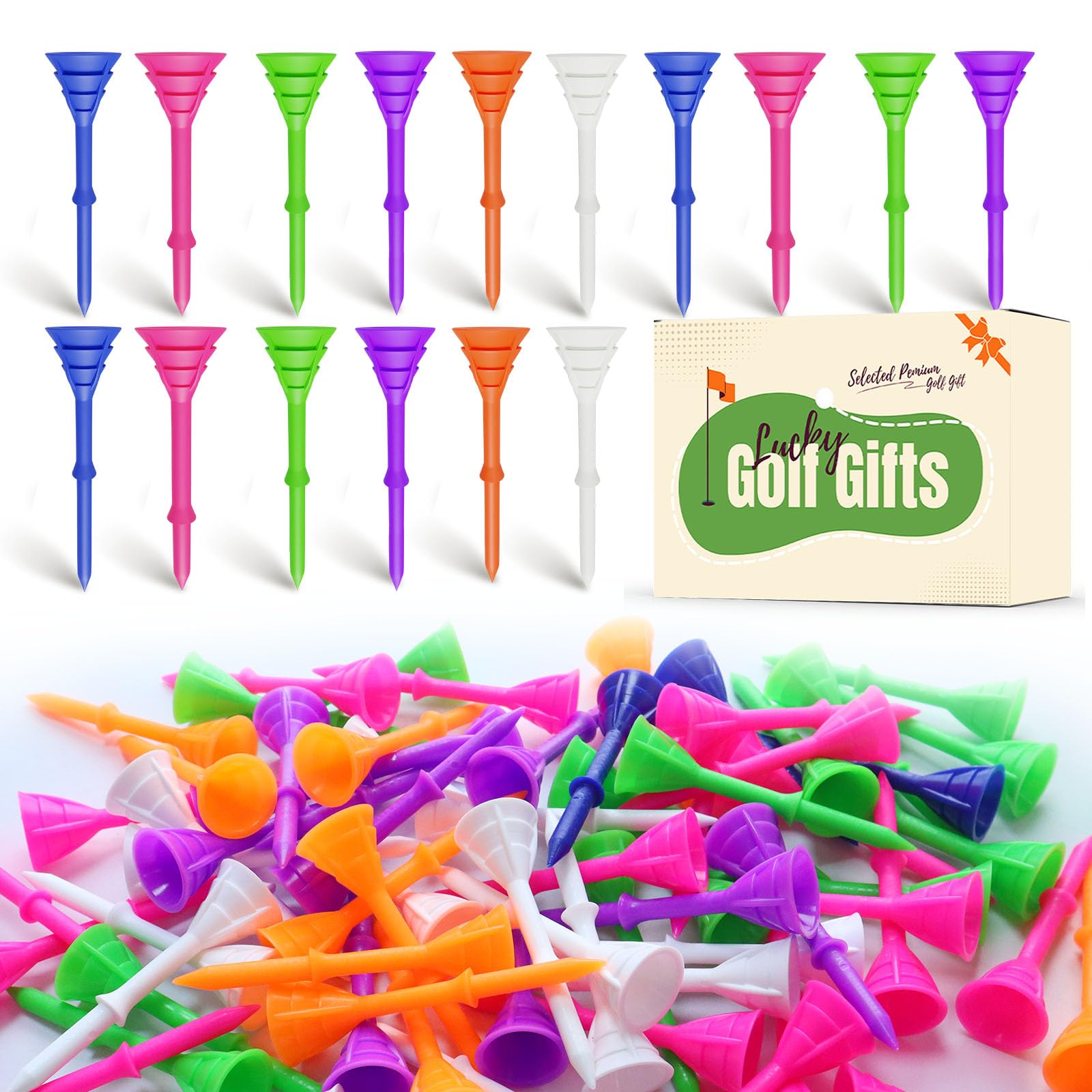 FINGER TEN Golf Tees Plastic Unbreakable Long 3 1/4 inch Cup Bulk Value 100 Pack,Golf Tee Upgrade Low Resistance Cushion Multiple Colors