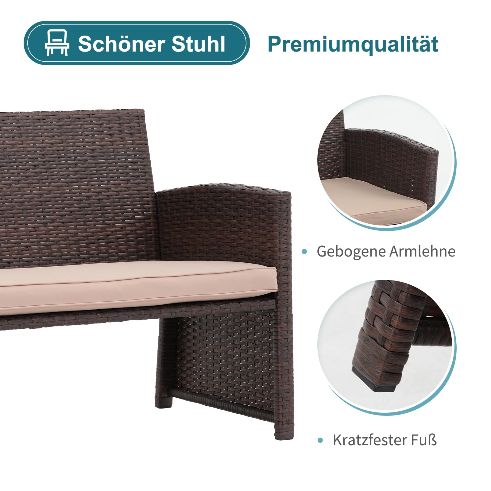OC Orange-Casual Outdoor Loveseat, 3-TLG Terrassenmöbel-Set, Allwetter Rattan Gartenbank mit 2 Hocker, Braun Rattan&Beige Kissen