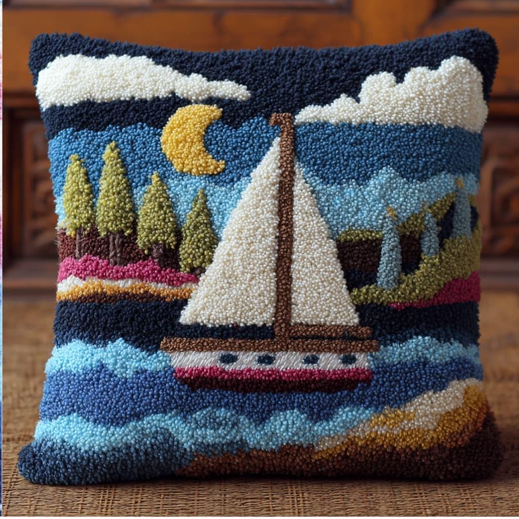Taxpy Latch Hook Cushion Kits Sailboat Pillowcase Kits Embroidery Kit 17X17 Inch DIY Needlework Pillow Cover Sofa Cushion Rug Making