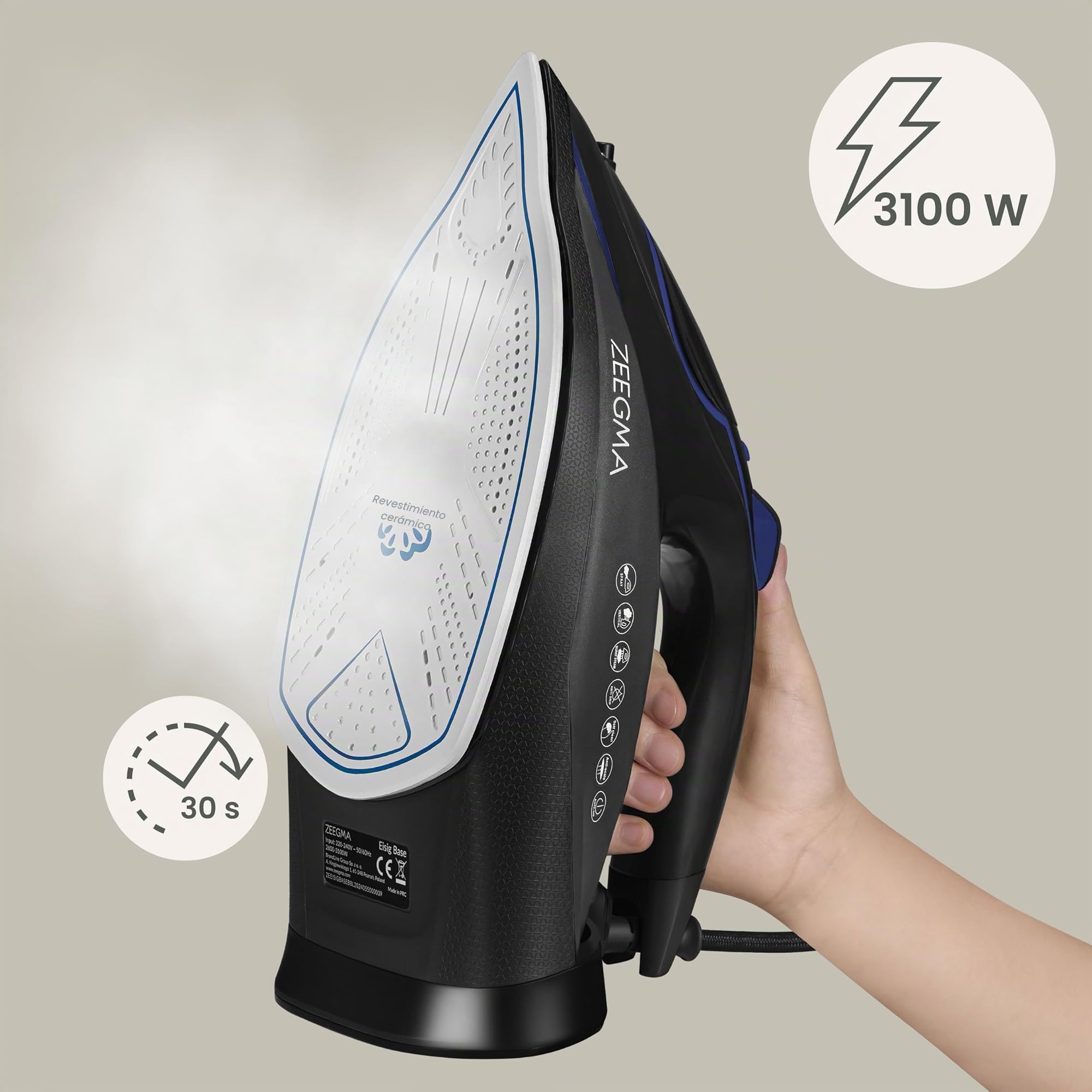 ZEEGMA EISIG BASE Plancha con Cable 3100 W con Revestimiento Cerámico, Planchado a Vapor y en Seco, Salida de Vapor de hasta 40 g/min, Depósito de 320 ml Autolimpieza, Anti-Drip y Anti-Calc