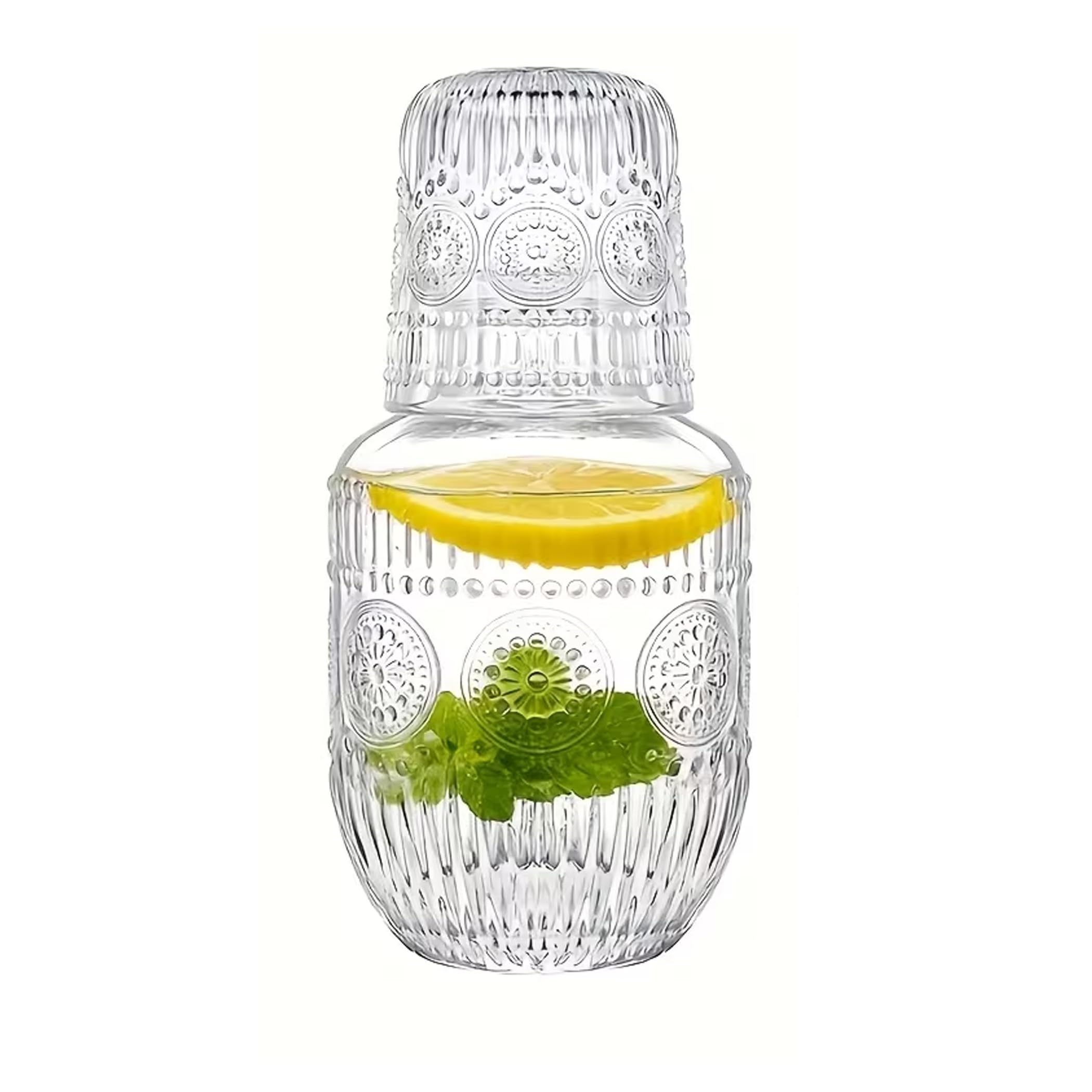 Bedside Water Carafe Glass Set, Modern Water Pitcher Set for Bedroom Nightstand, Bedside, Ticked Glass Mouthwash Decanter for Bathroom 550 ml (Elegant Carafe - 550 ml)-image-20