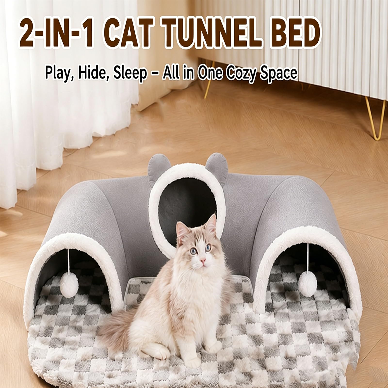 PlüSchiges 2-In-1-Katzentunnel-Bett – Faltbarer,Langer PlüSch-Spieltunnel Mit Abnehmbarem Bett FüR Wohnungskatzen,KäTzchen & Kleintiere (B,Groß: 85 cm × 70 cm)