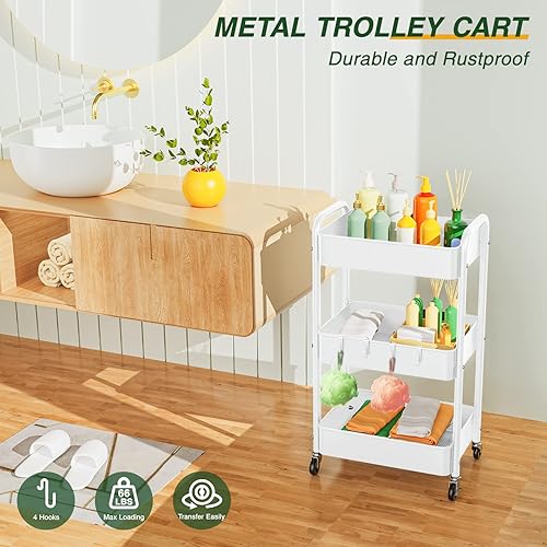 Miniatura 2 de LEHOM Carrito utilitario rodante de 3 niveles, carrito de metal con ruedas, ganchos, organizador de fácil montaje para baño, cocina, oficina,