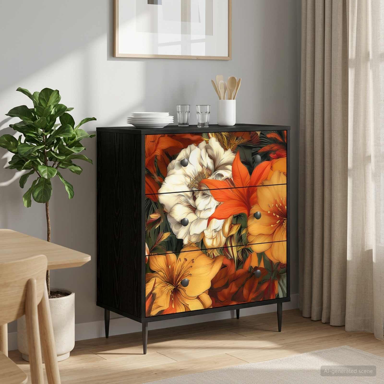 vidaXL Cassettiera GENNEP stampa a gigli 66 x 36,5 x 76 cm Rovere Nero
