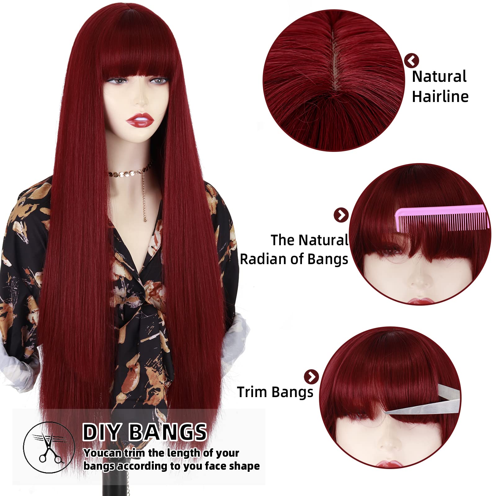 Amazon.com : MISSQUEEN Long Red Wig with Bangs,Straight Dark  display picture 3