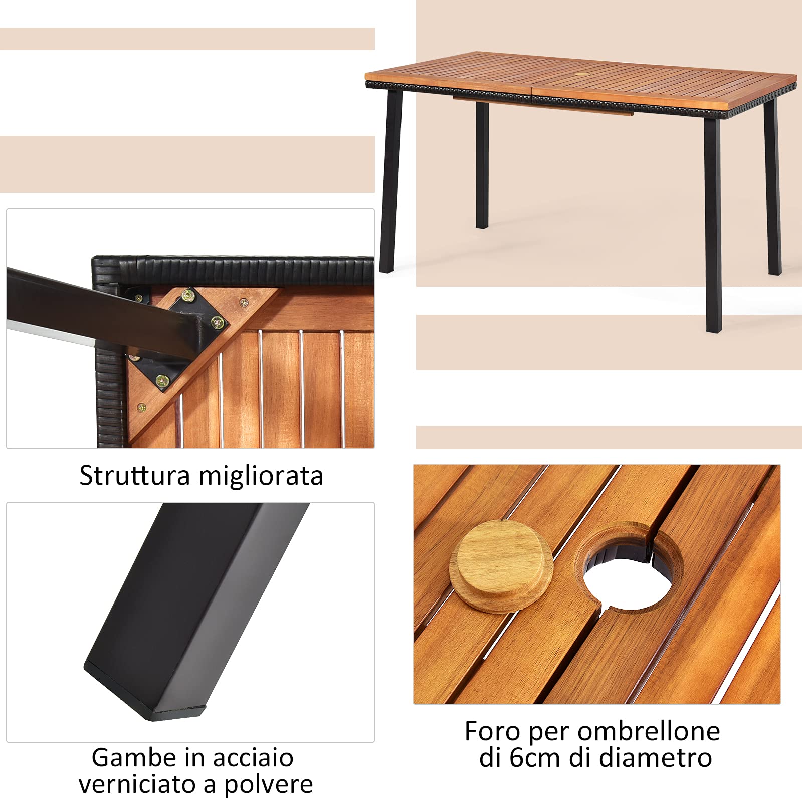 COSTWAY Tavolo da Giardino in Legno di Acacia, Tavolo Rettangolare con Struttura in Acciaio e Foro per Ombrellone, Tavolo da Pranzo Giardino Ideale per Giardino Cortile Balcone (140 x 75 cm)