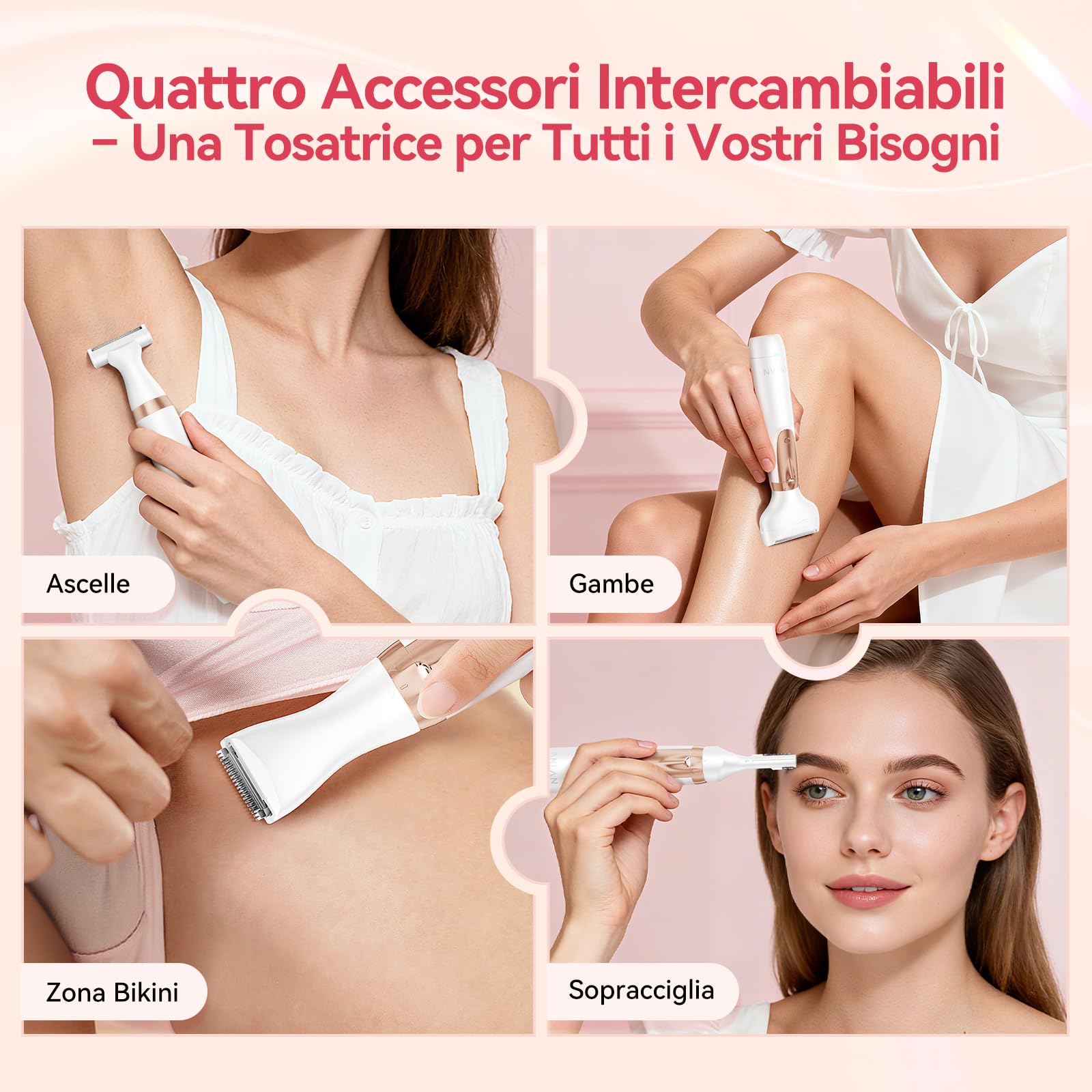 ANLAN Rasoio Elettrico Donna 4-in-1 Depilatore Corpo Donna Kit Rasoio Intimo con LED Display, IPX6 Impermeabile Rasoio Elettrico Corpo per Viso, Corpo e Inguine 90 Minuti di Autonomia