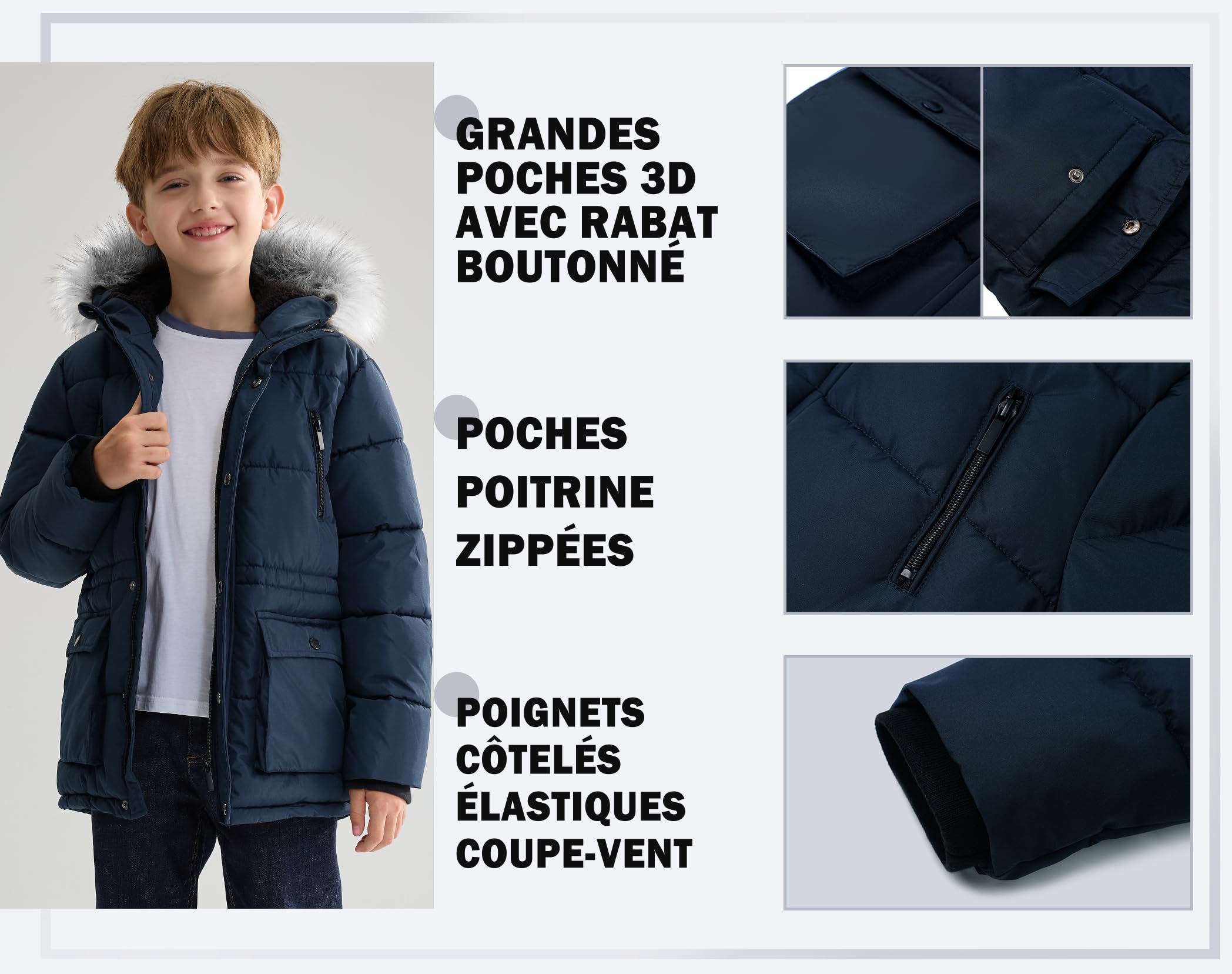 maoo garden Manteau d'hiver pour Garçons Big Kids Veste à Capuche en Fourrure Doublée Sherpa Épaisse Parka de Neige Résistante à l'eau