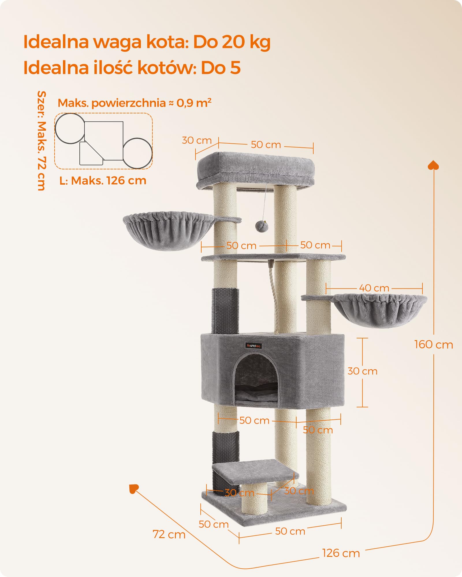 Feandrea Drapak dla kota z ciepłymi kocami, dla dużych kotów, 2 szczotki kotów, grubość pnia 11,1 cm, duże platformy, 50 x 50 x 160 cm, kolor gołębiej szarości i kremowej bieli PCT003N01