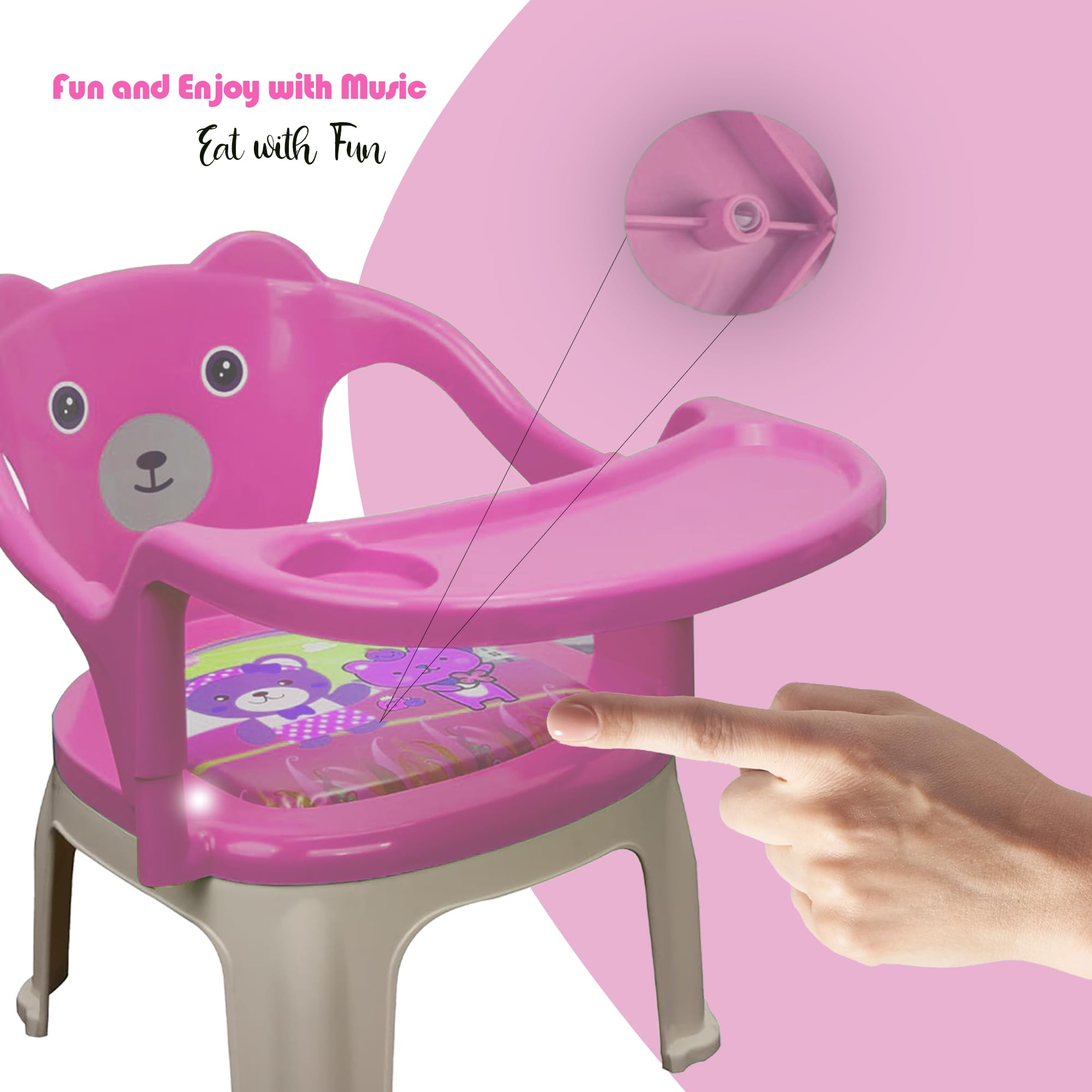 TONY STARK Plastic Chu-Chu squeak sound Feeding Chair With Removable Tray| Soft Cushion Seat & High Backrest With Teddy Bear Design Table ||Strong And Portable Baby Chair|1-4 Years,Upto 30 Kgs - Pink - Image 3 thumbnail