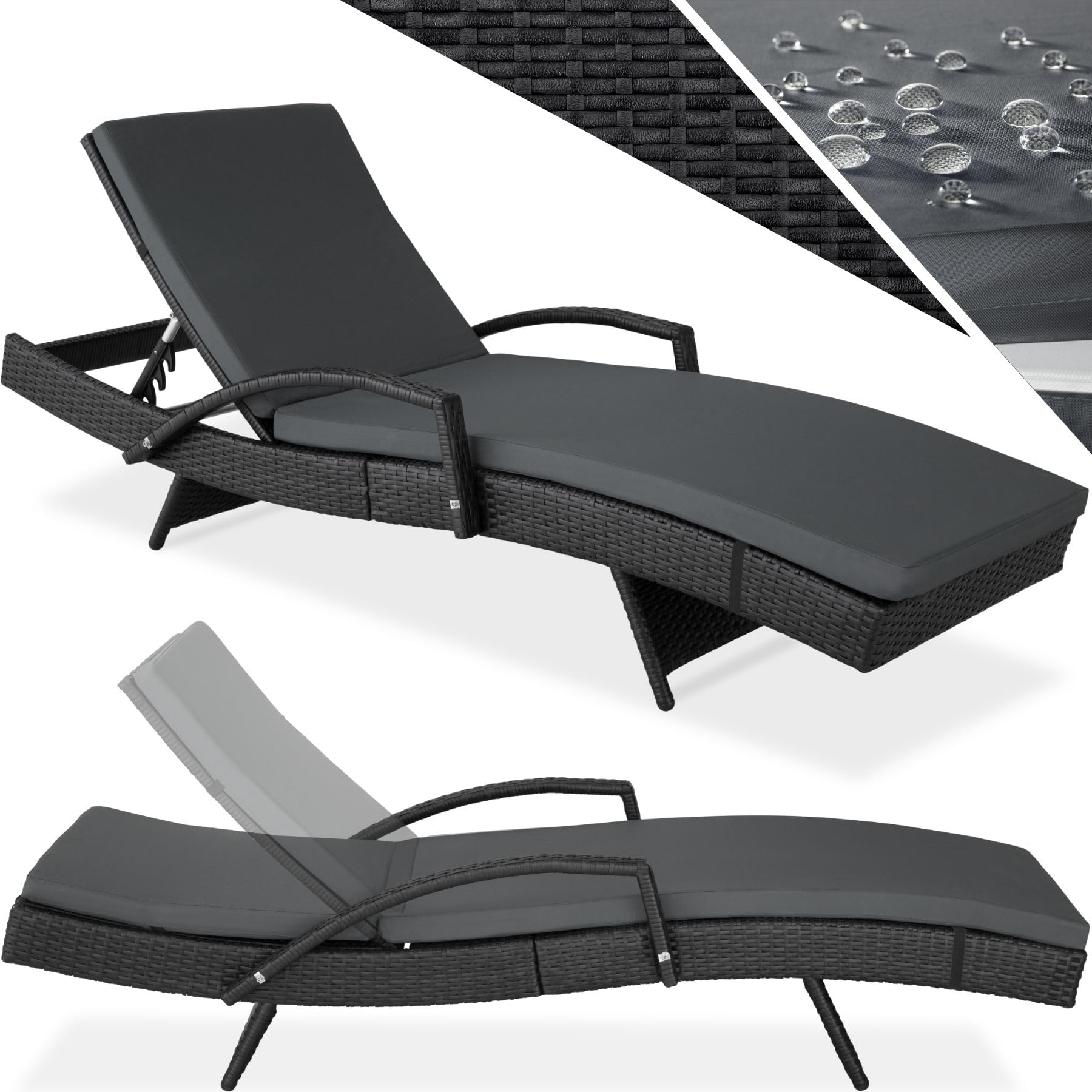 tectake® Tumbona Jardín Exterior de Ratán y Aluminio, Tumbona de Piscina con Respaldo Regulable en 5 Posiciones, Tumbona de Playa Impermeble y Resistente a Intemperie, Fácil Limpieza - negro