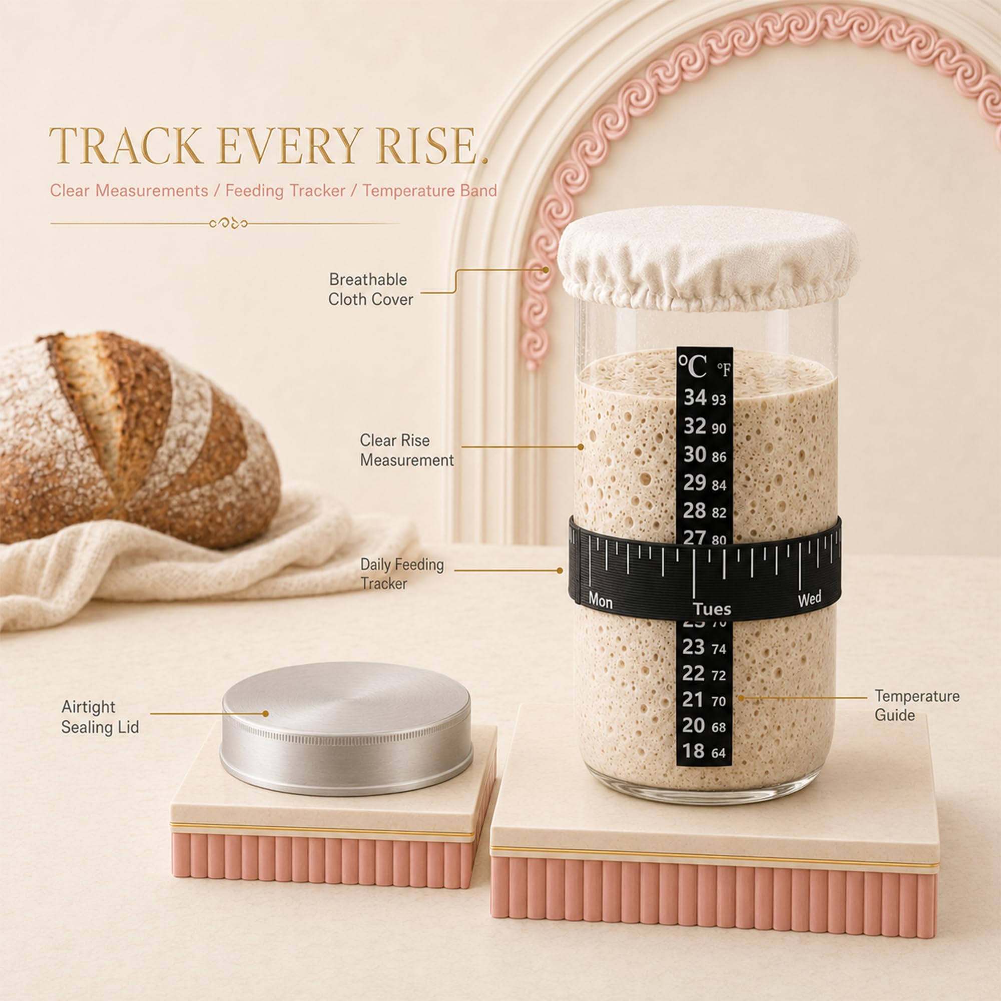 Kit per principianti con cestini rotondi e ovali in rattan | Kit per la preparazione del pane da 38 pezzi con barattolo, fionda per il pane, frusta, raschietto e strumenti da forno, rosa