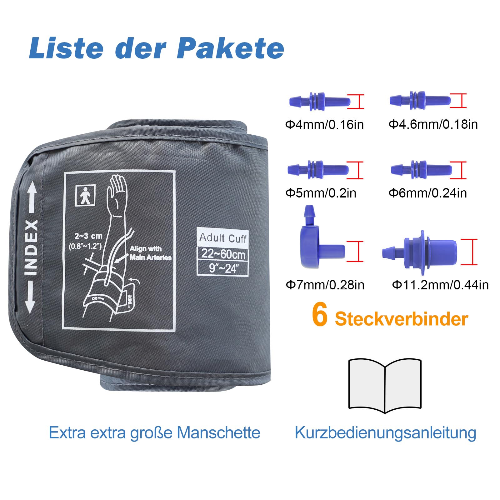 Blutdruckmanschette Ersatz - Comfortable Extra Große Manschette für Erwachsene mit Größe Oberarm, 22-60cm Armumfang, Kompatibel mit den Meisten Blutdruckmessgeräten - 6 Anschlüsse