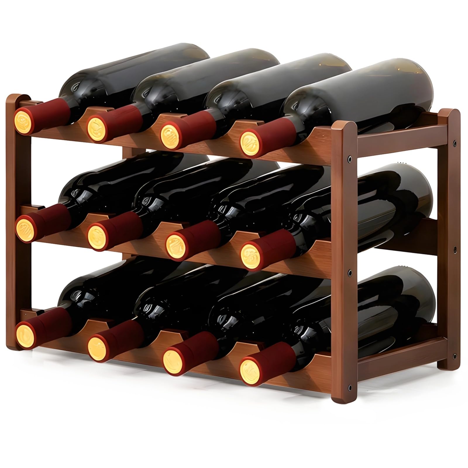YOFAPA 12 Bottle Wine Rack, 3-Tier Brown Wooden Wine Rack Free Standing, Tabletop Wine Rack Storage Shelf with Wave Design for Home Décor (16.9x9.3x10.6 in)