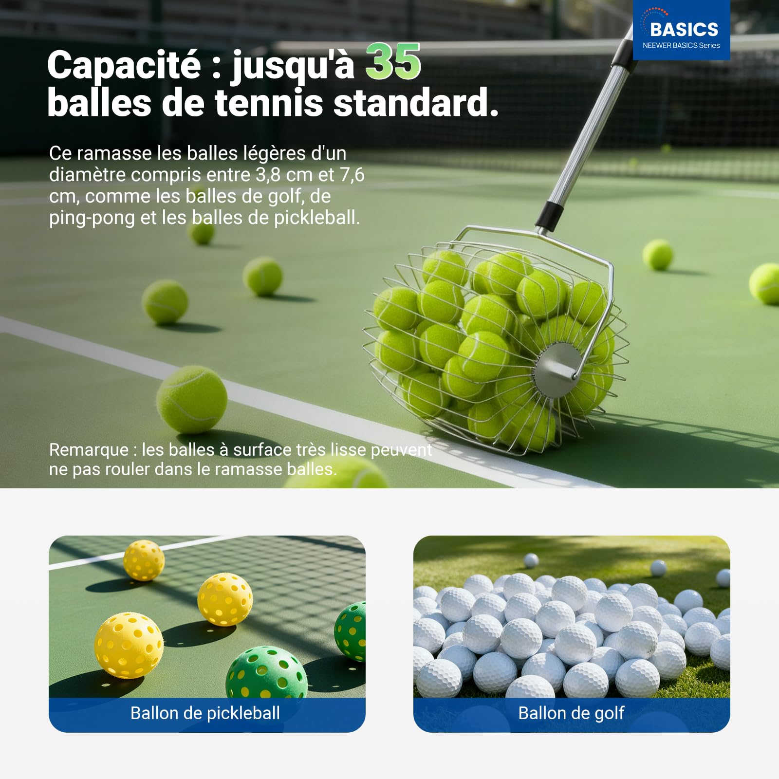 NEEWER Basics TB05S - Recolector de Pelotas de Tenis, no más agacharse, recogedor Ovalado de 80 – 144 cm, recogedor telescópico para hasta 35 Pelotas de Tenis