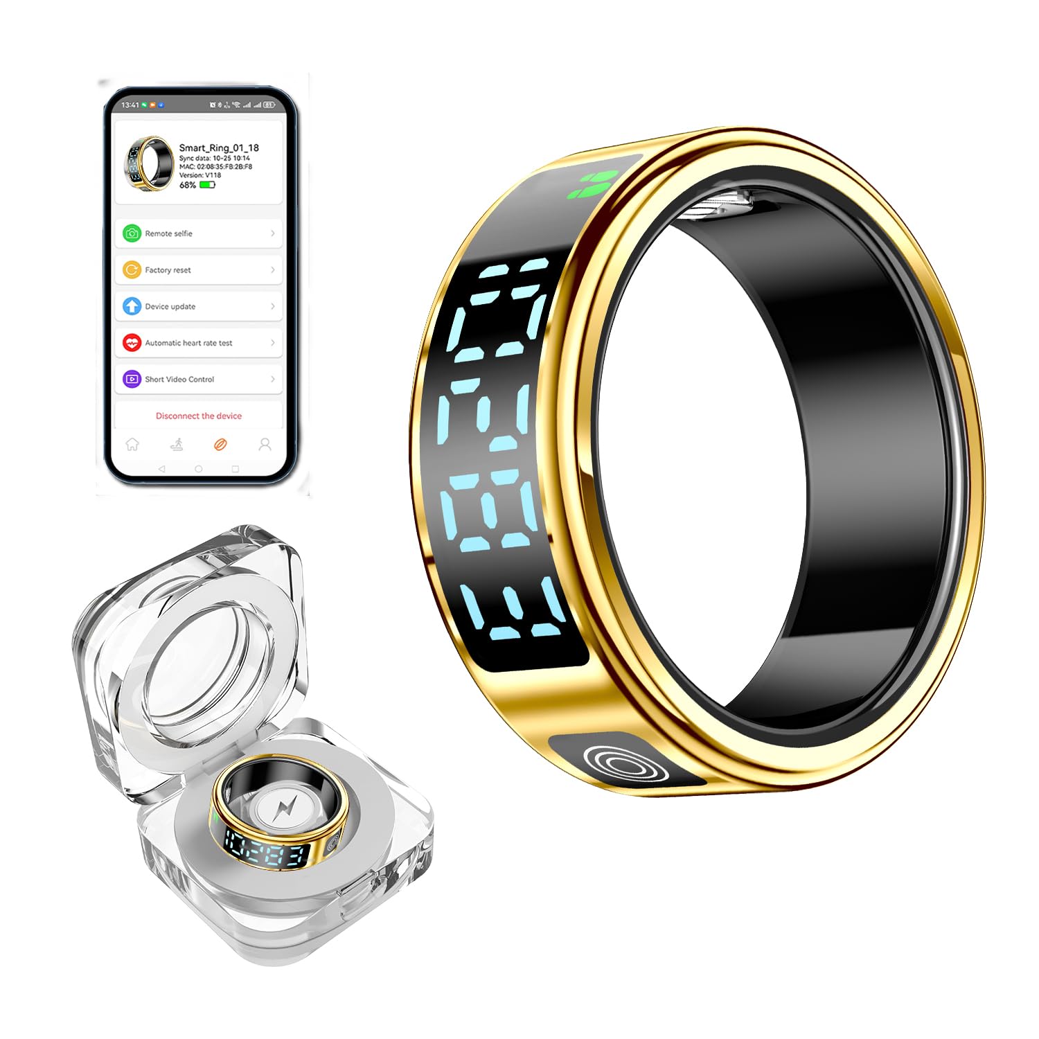 Smart Ring Fitness Tracker - Heart Rate & Blood Oxygen Monitor, Sleep & Activity Tracking, Gesture Control, IP68 Waterproof, Rechargeable Charging Case, No Subscription, for iOS & Android(Size8 Glold)