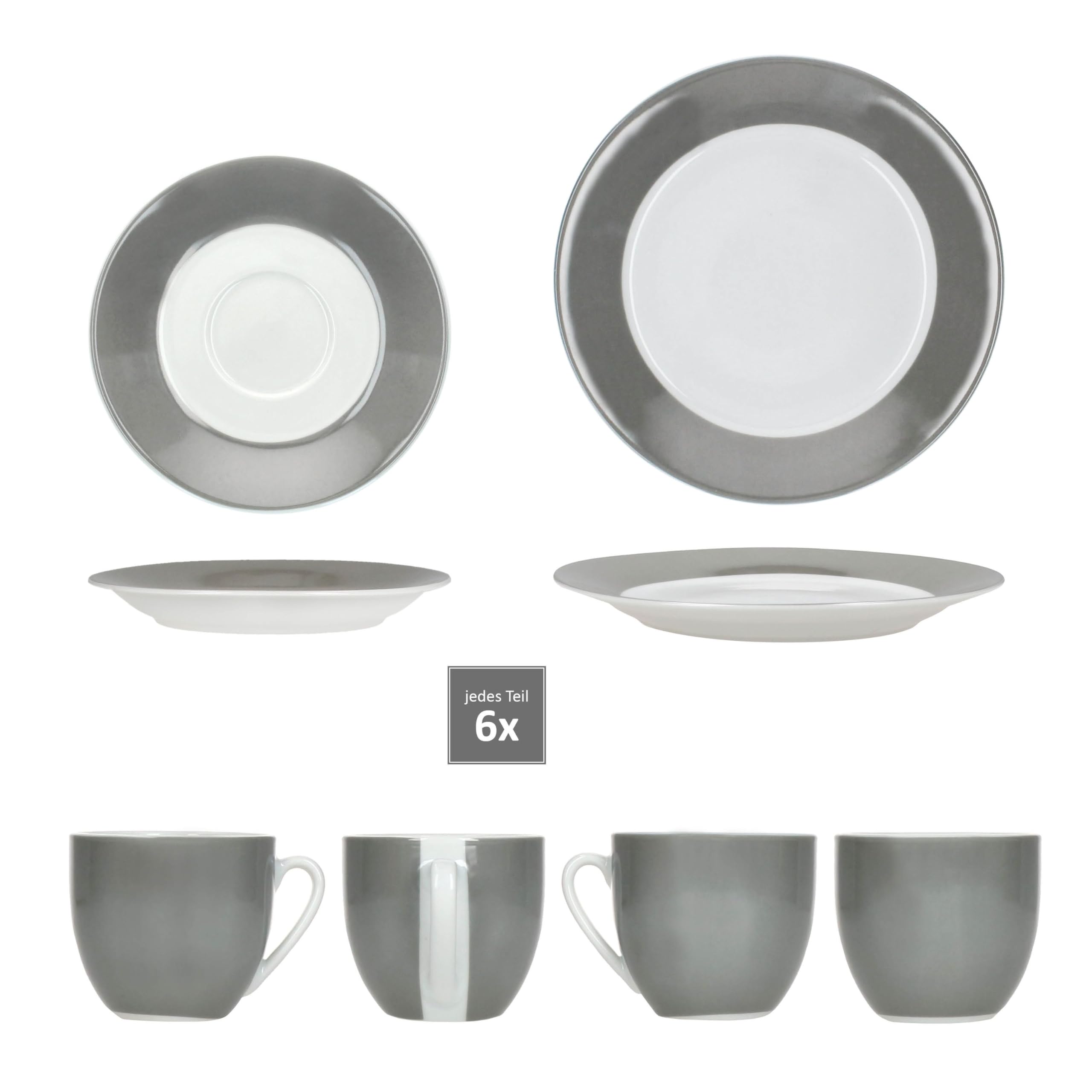 MamboCat Variant Grau 18tlg Kaffeeservice I farbige Porzellan-Kaffeeset für 6 Personen I Je 6X Kaffeetassen 200ml, Untertassen & Kuchenteller I buntes Geschirr für Frühstück & Kaffee