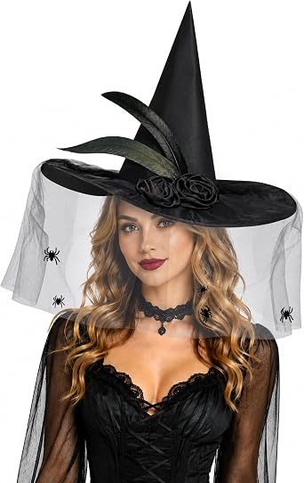 JUSTOTRY Black Witch Hat for Women,Spider Decor Wizard Hat Adult Halloween Cosplay Party Costume Accessory
