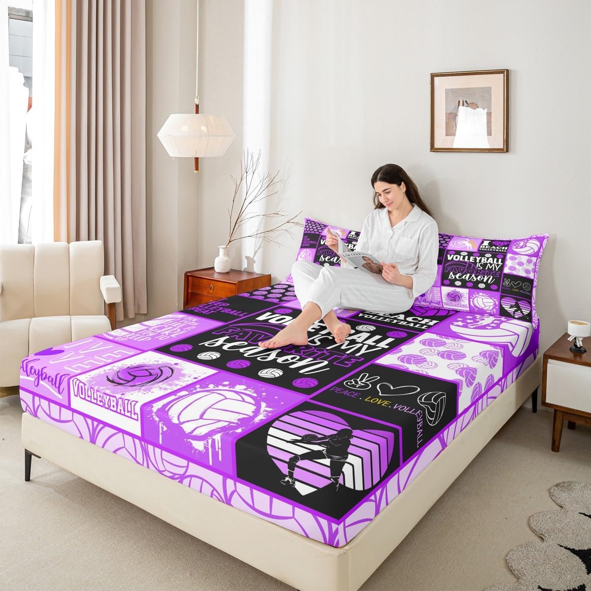 Kids Volleyball Fitted Sheet Twin Size Balls Sports Bedding Set 2pcs for Girls Teens Boys Bedroom Decor Fashion Geometric Patchwork Plaid Bed Sheet Purple Black Deep Pocket Sheet,1 Pillowcase