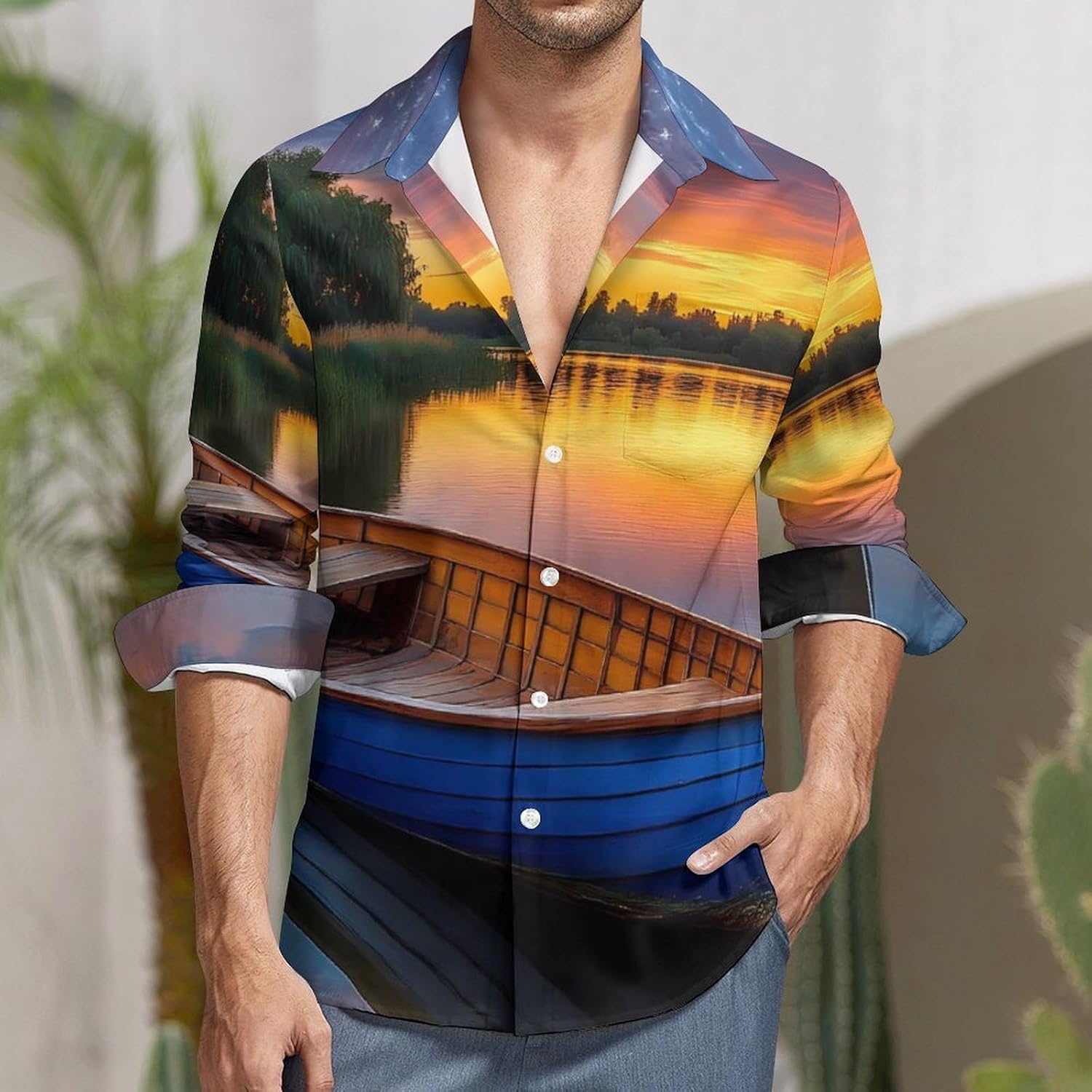 Boat Scenery Yosemite National Park Long Sleeve Shirts Casual Dress Shirt Button-down T-shirts for Men