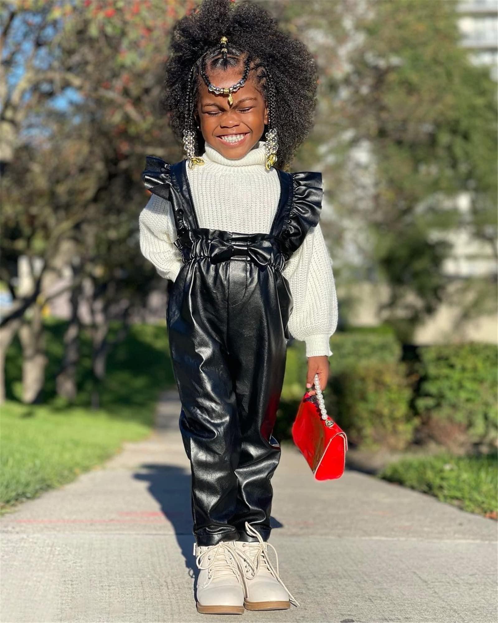 Nbulwbln Toddler Baby Girl Pu Leater Overalls Long Pants Jumpsuit Sleeveless Straps Suspender Ruffle Outfit Clothes (Black,1-2T)