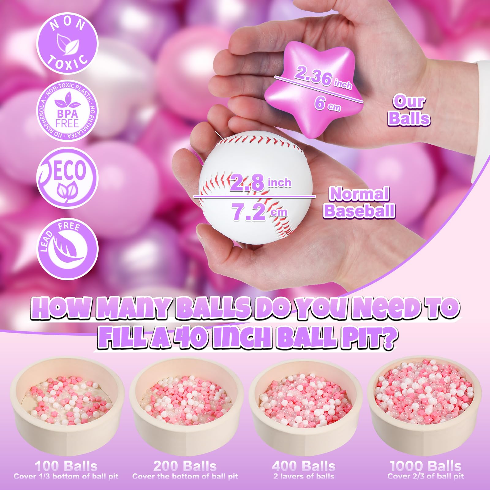 GOGOSO Ball Pits Balls for Toddlers Pack of 50 100 200 Plastics Shape Ball Non-Phthalate Non-BPA Non-Toxic 2.2-Inch Crush Proof Play Balls