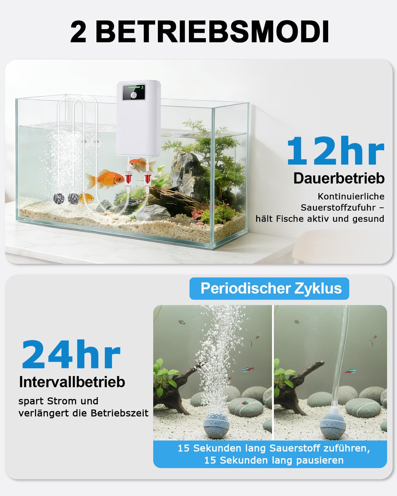 Aquarium Luftpumpe: USB Aquarium Luftpumpe Regelbar, 2600mAh Batterie, Zwei Stromversorgungsmodi, 1.5-2L/min*2