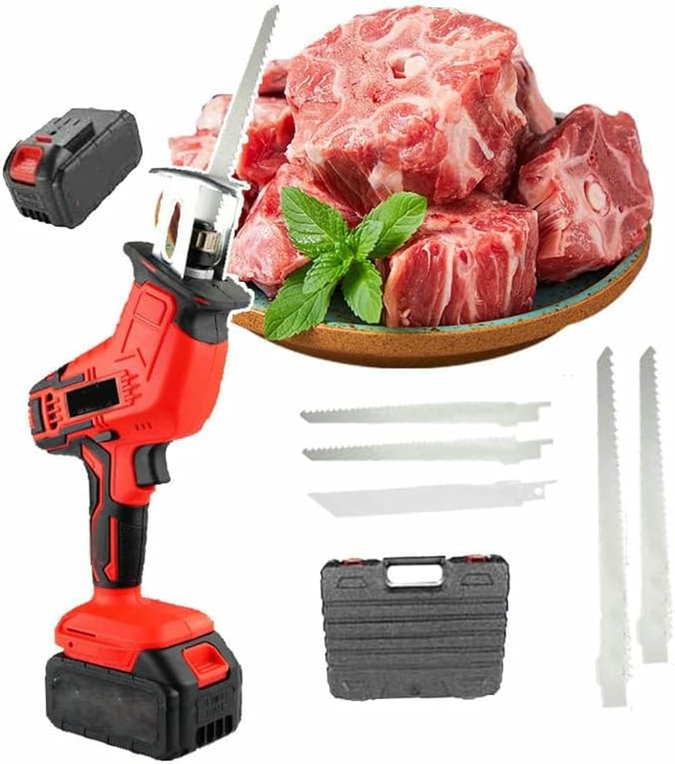 Bone Saws, Cordless Professional Butcher ReciprocatingSaw - LED Lighting with 4 Blades and Storage Box, Electric Meat Bone Saw for Wood/Meat/Bone Cutting